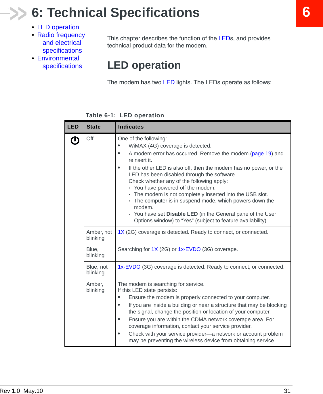 Rev 1.0  May.10 3166: Technical Specifications•LED operation•Radio frequency and electrical specifications•Environmental specificationsThis chapter describes the function of the LEDs, and provides technical product data for the modem.LED operationThe modem has two LED lights. The LEDs operate as follows:Table 6-1: LED operationLED State IndicatesOff One of the following:•WiMAX (4G) coverage is detected.•A modem error has occurred. Remove the modem (page 19) and reinsert it.•If the other LED is also off, then the modem has no power, or the LED has been disabled through the software.Check whether any of the following apply:·You have powered off the modem.·The modem is not completely inserted into the USB slot.·The computer is in suspend mode, which powers down the modem.·You have set Disable LED (in the General pane of the User Options window) to “Yes” (subject to feature availability).Amber, not blinking 1X (2G) coverage is detected. Ready to connect, or connected.Blue,  blinking Searching for 1X (2G) or 1x-EVDO (3G) coverage.Blue, not blinking 1x-EVDO (3G) coverage is detected. Ready to connect, or connected.Amber, blinking The modem is searching for service.If this LED state persists:•Ensure the modem is properly connected to your computer.•If you are inside a building or near a structure that may be blocking the signal, change the position or location of your computer.•Ensure you are within the CDMA network coverage area. For coverage information, contact your service provider.•Check with your service provider—a network or account problem may be preventing the wireless device from obtaining service.