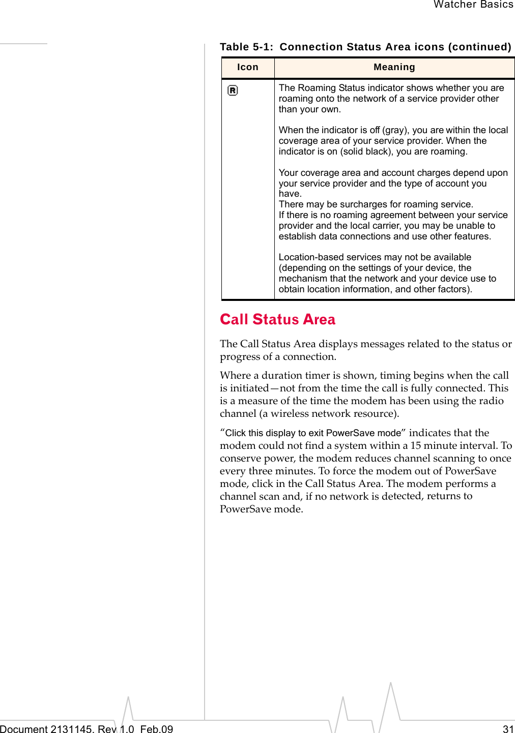 Watcher BasicsDocument 2131145. Rev 1.0  Feb.09 31Call Status AreaTheCallStatusAreadisplaysmessagesrelatedtothestatusorprogressofaconnection.Whereadurationtimerisshown,timingbeginswhenthecallisinitiated—notfromthetimethecallisfullyconnected.Thisisameasureofthetimethemodemhasbeenusingtheradiochannel(awirelessnetworkresource).“Click this display to exit PowerSave mode”indicatesthatthemodemcouldnotfindasystemwithina15 minuteinterval.Toconservepower,themodemreduceschannelscanningtoonceeverythreeminutes.ToforcethemodemoutofPowerSavemode,clickintheCallStatusArea.Themodemperformsachannelscanand,ifnonetworkisdetected,returnstoPowerSavemode.The Roaming Status indicator shows whether you are roaming onto the network of a service provider other than your own.When the indicator is off (gray), you are within the local coverage area of your service provider. When the indicator is on (solid black), you are roaming.Your coverage area and account charges depend upon your service provider and the type of account you have.There may be surcharges for roaming service.If there is no roaming agreement between your service provider and the local carrier, you may be unable to establish data connections and use other features.Location-based services may not be available (depending on the settings of your device, the mechanism that the network and your device use to obtain location information, and other factors).Table 5-1: Connection Status Area icons (continued)Icon Meaning