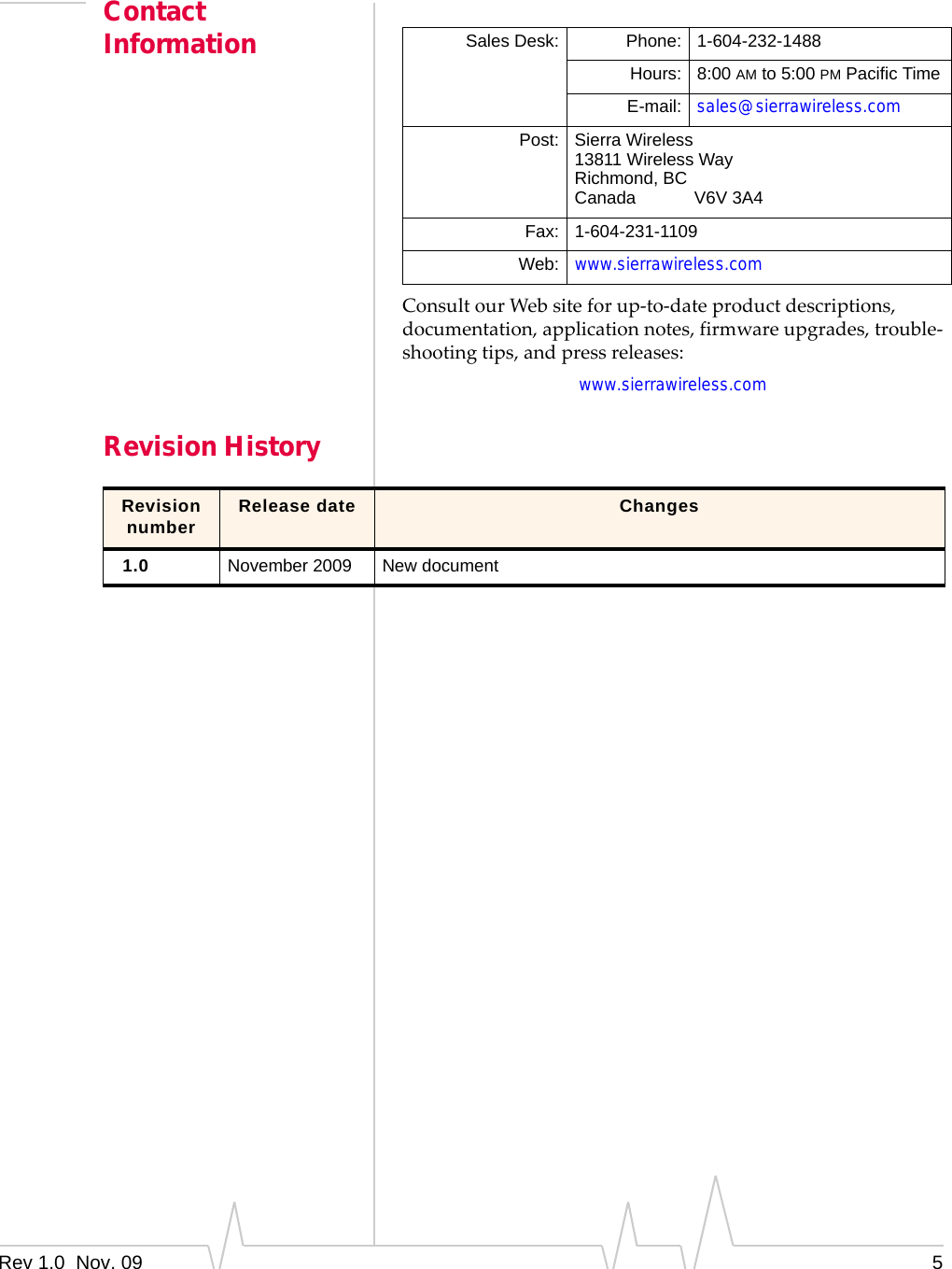 Rev 1.0  Nov. 09 5Contact InformationConsultourWebsiteforup‐to‐dateproductdescriptions,documentation,applicationnotes,firmwareupgrades,trouble‐shootingtips,andpressreleases:www.sierrawireless.comRevision HistorySales Desk: Phone: 1-604-232-1488Hours: 8:00 AM to 5:00 PM Pacific TimeE-mail: sales@sierrawireless.comPost: Sierra Wireless13811 Wireless WayRichmond, BCCanada            V6V 3A4Fax: 1-604-231-1109Web: www.sierrawireless.comRevision number Release date Changes1.0 November 2009 New document