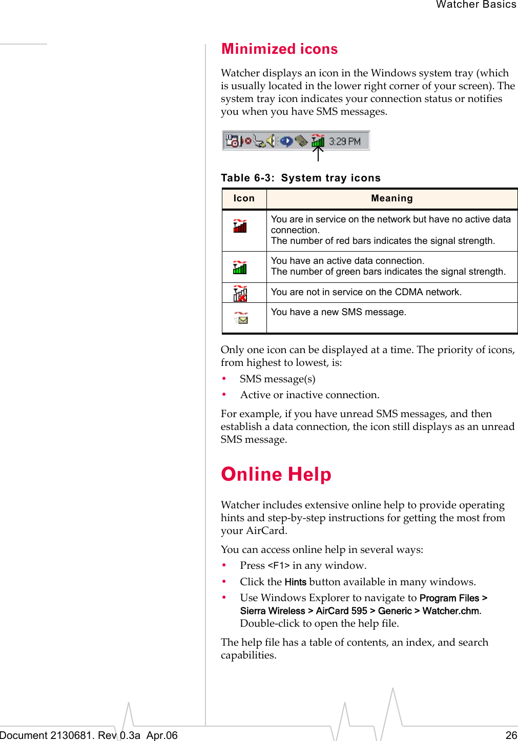 Watcher BasicsDocument 2130681. Rev 0.3a  Apr.06 26Minimized iconsWatcherȱdisplaysȱanȱiconȱinȱtheȱWindowsȱsystemȱtrayȱ(whichȱisȱusuallyȱlocatedȱinȱtheȱlowerȱrightȱcornerȱofȱyourȱscreen).ȱTheȱsystemȱtrayȱiconȱindicatesȱyourȱconnectionȱstatusȱorȱnotifiesȱyouȱwhenȱyouȱhaveȱSMSȱmessages.Onlyȱoneȱiconȱcanȱbeȱdisplayedȱatȱaȱtime.ȱTheȱpriorityȱofȱicons,ȱfromȱhighestȱtoȱlowest,ȱis:•SMSȱmessage(s)•Activeȱorȱinactiveȱconnection.Forȱexample,ȱifȱyouȱhaveȱunreadȱSMSȱmessages,ȱandȱthenȱestablishȱaȱdataȱconnection,ȱtheȱiconȱstillȱdisplaysȱasȱanȱunreadȱSMSȱmessage.Online HelpWatcherȱincludesȱextensiveȱonlineȱhelpȱtoȱprovideȱoperatingȱhintsȱandȱstepȬbyȬstepȱinstructionsȱforȱgettingȱtheȱmostȱfromȱyourȱAirCard.Youȱcanȱaccessȱonlineȱhelpȱinȱseveralȱways:•Pressȱ&lt;F1&gt;ȱinȱanyȱwindow.•ClickȱtheȱHintsȱbuttonȱavailableȱinȱmanyȱwindows.•UseȱWindowsȱExplorerȱtoȱnavigateȱtoȱProgram Files &gt; Sierra Wireless &gt; AirCard 595 &gt; Generic &gt; Watcher.chm.ȱDoubleȬclickȱtoȱopenȱtheȱhelpȱfile.Theȱhelpȱfileȱhasȱaȱtableȱofȱcontents,ȱanȱindex,ȱandȱsearchȱcapabilities.Table 6-3: System tray iconsIcon MeaningYou are in service on the network but have no active data connection.The number of red bars indicates the signal strength.You have an active data connection.The number of green bars indicates the signal strength.You are not in service on the CDMA network.You have a new SMS message.
