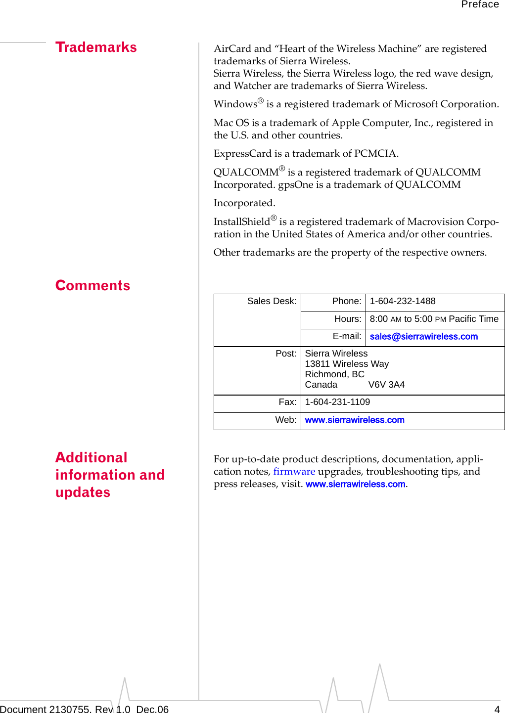 PrefaceDocument 2130755. Rev 1.0  Dec.06 4Trademarks AirCardand“HeartoftheWirelessMachine”areregisteredtrademarksofSierraWireless.SierraWireless,theSierraWirelesslogo,theredwavedesign,andWatcheraretrademarksofSierraWireless.Windows®isaregisteredtrademarkofMicrosoftCorporation.MacOSisatrademarkofAppleComputer,Inc.,registeredintheU.S.andothercountries.ExpressCardisatrademarkofPCMCIA.QUALCOMM®isaregisteredtrademarkofQUALCOMMIncorporated.gpsOneisatrademarkofQUALCOMMIncorporated.InstallShield®isaregisteredtrademarkofMacrovisionCorpo‐rationintheUnitedStatesofAmericaand/orothercountries.Othertrademarksarethepropertyoftherespectiveowners.CommentsAdditional information and updatesForup‐to‐dateproductdescriptions,documentation,appli‐cationnotes,firmwareupgrades,troubleshootingtips,andpressreleases,visit.www.sierrawireless.com.Sales Desk: Phone: 1-604-232-1488Hours: 8:00 AM to 5:00 PM Pacific TimeE-mail: sales@sierrawireless.comPost: Sierra Wireless13811 Wireless WayRichmond, BCCanada            V6V 3A4Fax: 1-604-231-1109Web: www.sierrawireless.com