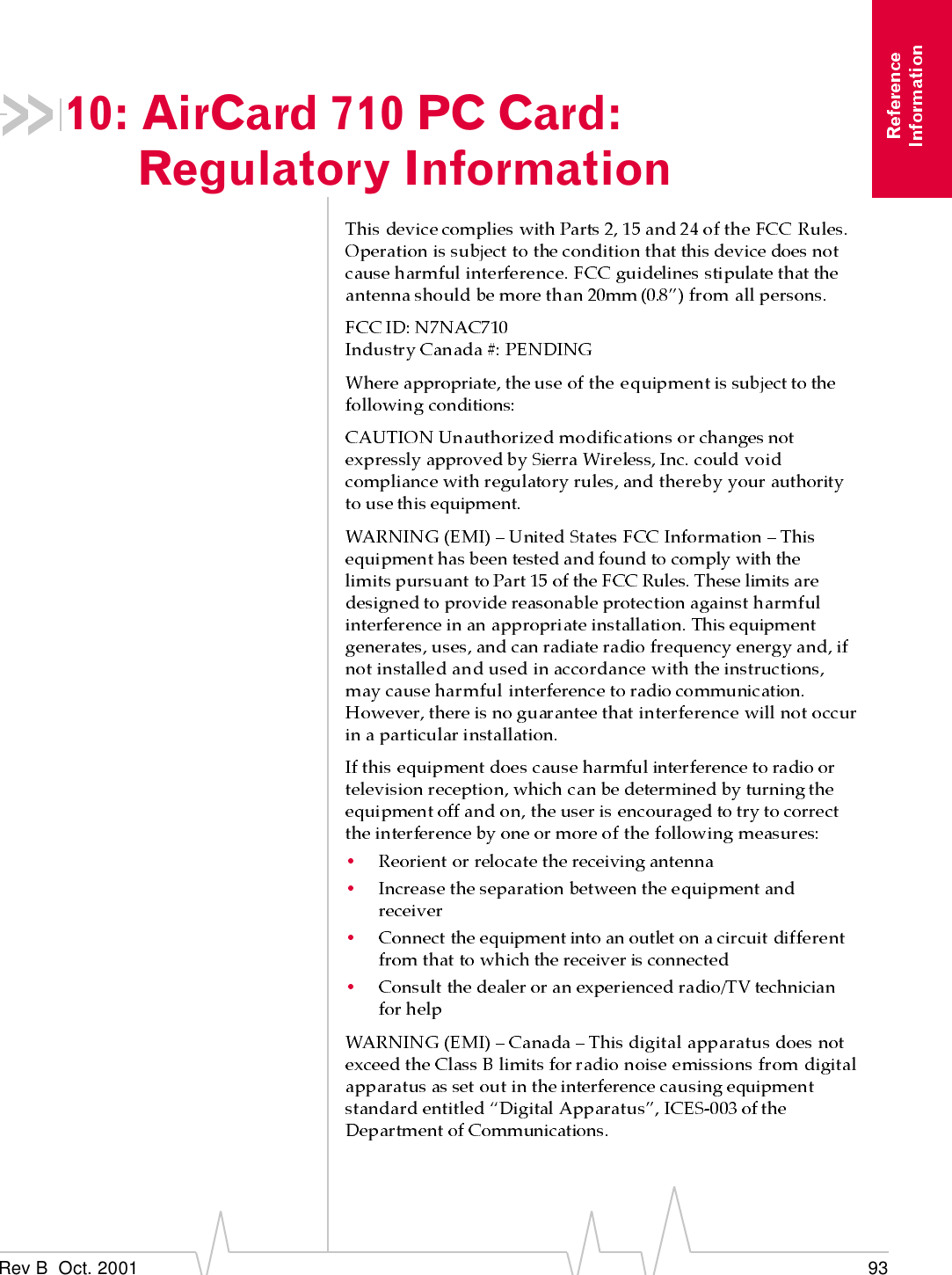 Rev B  Oct. 2001 9310: AirCard 710 PC Card:Regulatory Information