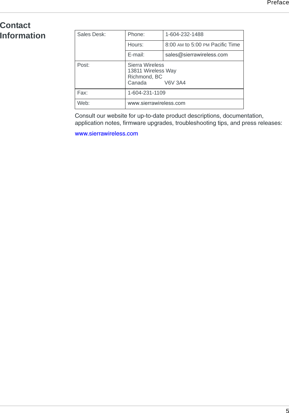 Preface 5Contact InformationConsult our website for up-to-date product descriptions, documentation, application notes, firmware upgrades, troubleshooting tips, and press releases:www.sierrawireless.comSales Desk: Phone: 1-604-232-1488Hours: 8:00 AM to 5:00 PM Pacific TimeE-mail: sales@sierrawireless.comPost: Sierra Wireless13811 Wireless WayRichmond, BCCanada            V6V 3A4Fax: 1-604-231-1109Web: www.sierrawireless.com