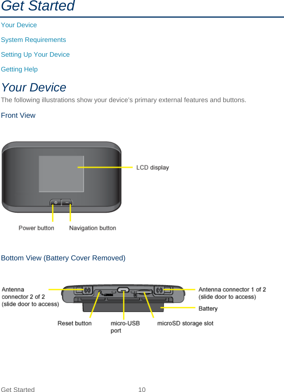 Get Started 10   Get Started Your Device System Requirements Setting Up Your Device Getting Help Your Device The following illustrations show your device’s primary external features and buttons. Front View    Bottom View (Battery Cover Removed)    