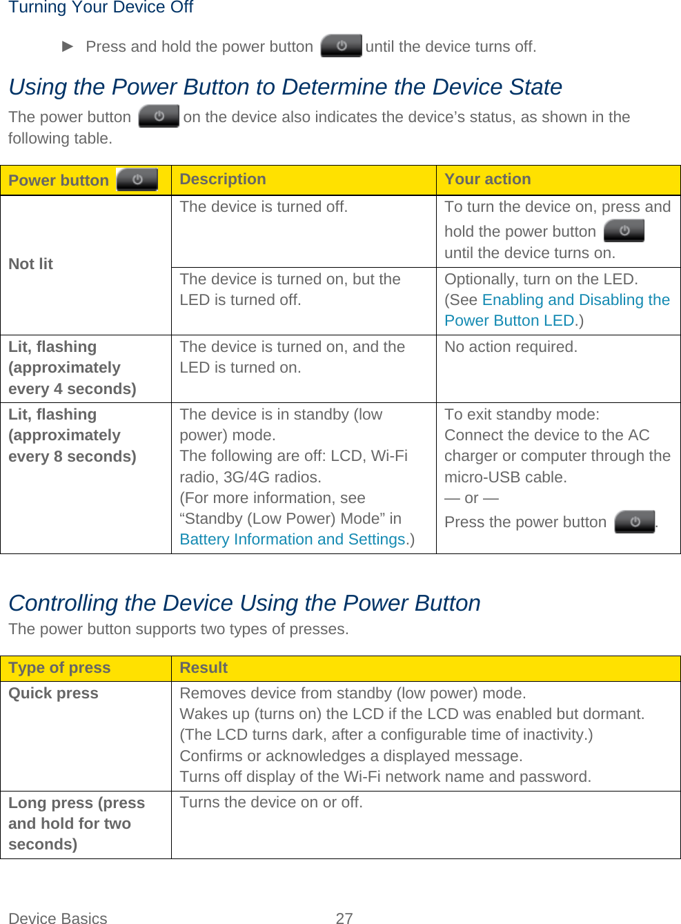 Device Basics 27    Turning Your Device Off ► Press and hold the power button   until the device turns off. Using the Power Button to Determine the Device State The power button   on the device also indicates the device’s status, as shown in the following table. Power button   Description Your action Not lit The device is turned off. To turn the device on, press and hold the power button   until the device turns on. The device is turned on, but the LED is turned off. Optionally, turn on the LED. (See Enabling and Disabling the Power Button LED.) Lit, flashing (approximately every 4 seconds) The device is turned on, and the LED is turned on. No action required. Lit, flashing (approximately every 8 seconds) The device is in standby (low power) mode. The following are off: LCD, Wi-Fi radio, 3G/4G radios. (For more information, see “Standby (Low Power) Mode” in Battery Information and Settings.) To exit standby mode: Connect the device to the AC charger or computer through the micro-USB cable. — or — Press the power button  .  Controlling the Device Using the Power Button The power button supports two types of presses. Type of press Result Quick press Removes device from standby (low power) mode. Wakes up (turns on) the LCD if the LCD was enabled but dormant. (The LCD turns dark, after a configurable time of inactivity.) Confirms or acknowledges a displayed message. Turns off display of the Wi-Fi network name and password. Long press (press and hold for two seconds) Turns the device on or off.  