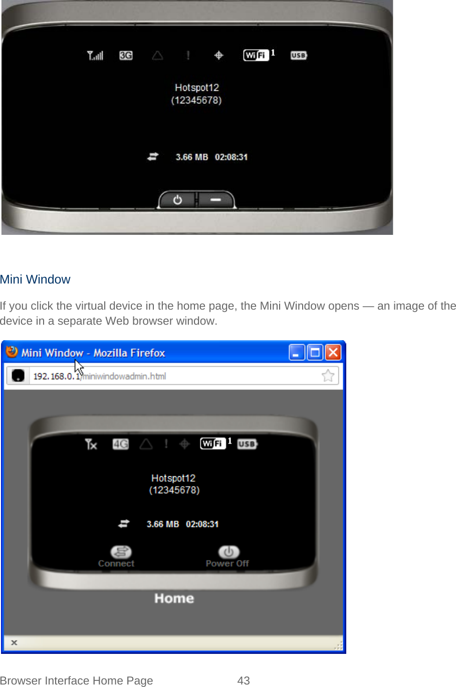Browser Interface Home Page 43      Mini Window If you click the virtual device in the home page, the Mini Window opens — an image of the device in a separate Web browser window.  