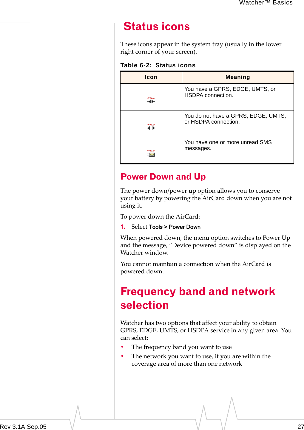 Watcher™ BasicsRev 3.1A Sep.05 27 Status iconsThese icons appear in the system tray (usually in the lower right corner of your screen). Power Down and UpThe power down/power up option allows you to conserve your battery by powering the AirCard down when you are not using it.To power down the AirCard:1. Select Tools &gt; Power DownWhen powered down, the menu option switches to Power Up and the message, “Device powered down” is displayed on the Watcher window.You cannot maintain a connection when the AirCard is powered down.Frequency band and network selectionWatcher has two options that affect your ability to obtain GPRS, EDGE, UMTS, or HSDPA service in any given area. You can select:•The frequency band you want to use•The network you want to use, if you are within the coverage area of more than one networkTable 6-2: Status iconsIcon MeaningYou have a GPRS, EDGE, UMTS, or HSDPA connection. You do not have a GPRS, EDGE, UMTS, or HSDPA connection. You have one or more unread SMS messages.