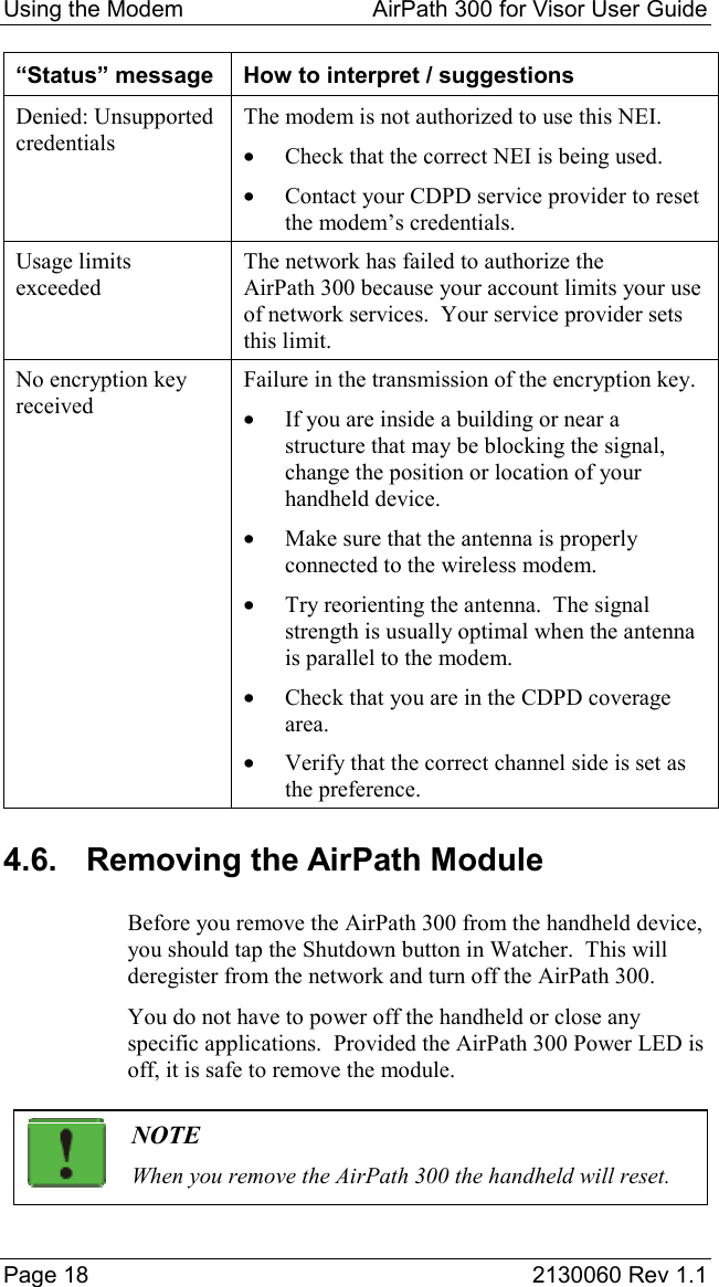 Using the Modem  AirPath 300 for Visor User Guide  Page 18  2130060 Rev 1.1 “Status” message  How to interpret / suggestions Denied: Unsupported credentials The modem is not authorized to use this NEI. •  Check that the correct NEI is being used. •  Contact your CDPD service provider to reset the modem’s credentials. Usage limits exceeded The network has failed to authorize the AirPath 300 because your account limits your use of network services.  Your service provider sets this limit. No encryption key received Failure in the transmission of the encryption key. •  If you are inside a building or near a structure that may be blocking the signal, change the position or location of your handheld device. •  Make sure that the antenna is properly connected to the wireless modem. •  Try reorienting the antenna.  The signal strength is usually optimal when the antenna is parallel to the modem. •  Check that you are in the CDPD coverage area. •  Verify that the correct channel side is set as the preference. 4.6. Removing the AirPath Module Before you remove the AirPath 300 from the handheld device, you should tap the Shutdown button in Watcher.  This will deregister from the network and turn off the AirPath 300. You do not have to power off the handheld or close any specific applications.  Provided the AirPath 300 Power LED is off, it is safe to remove the module.   NOTE When you remove the AirPath 300 the handheld will reset. 