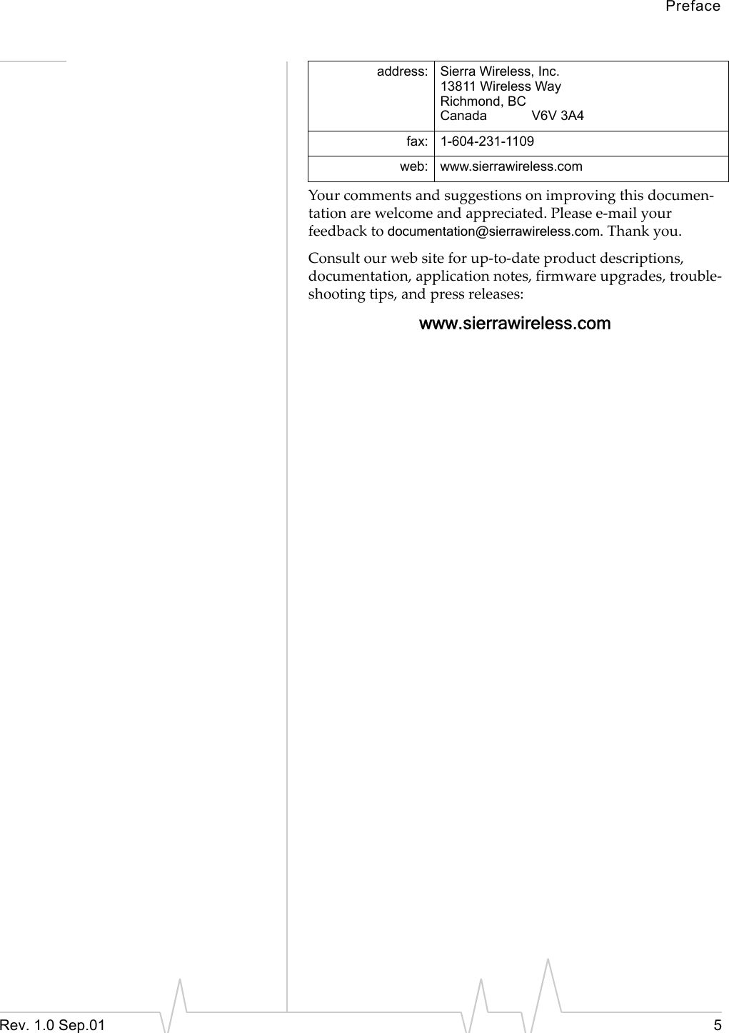 PrefaceRev. 1.0 Sep.01 5Your comments and suggestions on improving this documen-tation are welcome and appreciated. Please e-mail your feedback to documentation@sierrawireless.com. Thank you.Consult our web site for up-to-date product descriptions, documentation, application notes, firmware upgrades, trouble-shooting tips, and press releases:www.sierrawireless.comaddress: Sierra Wireless, Inc.13811 Wireless WayRichmond, BCCanada            V6V 3A4fax: 1-604-231-1109web: www.sierrawireless.com