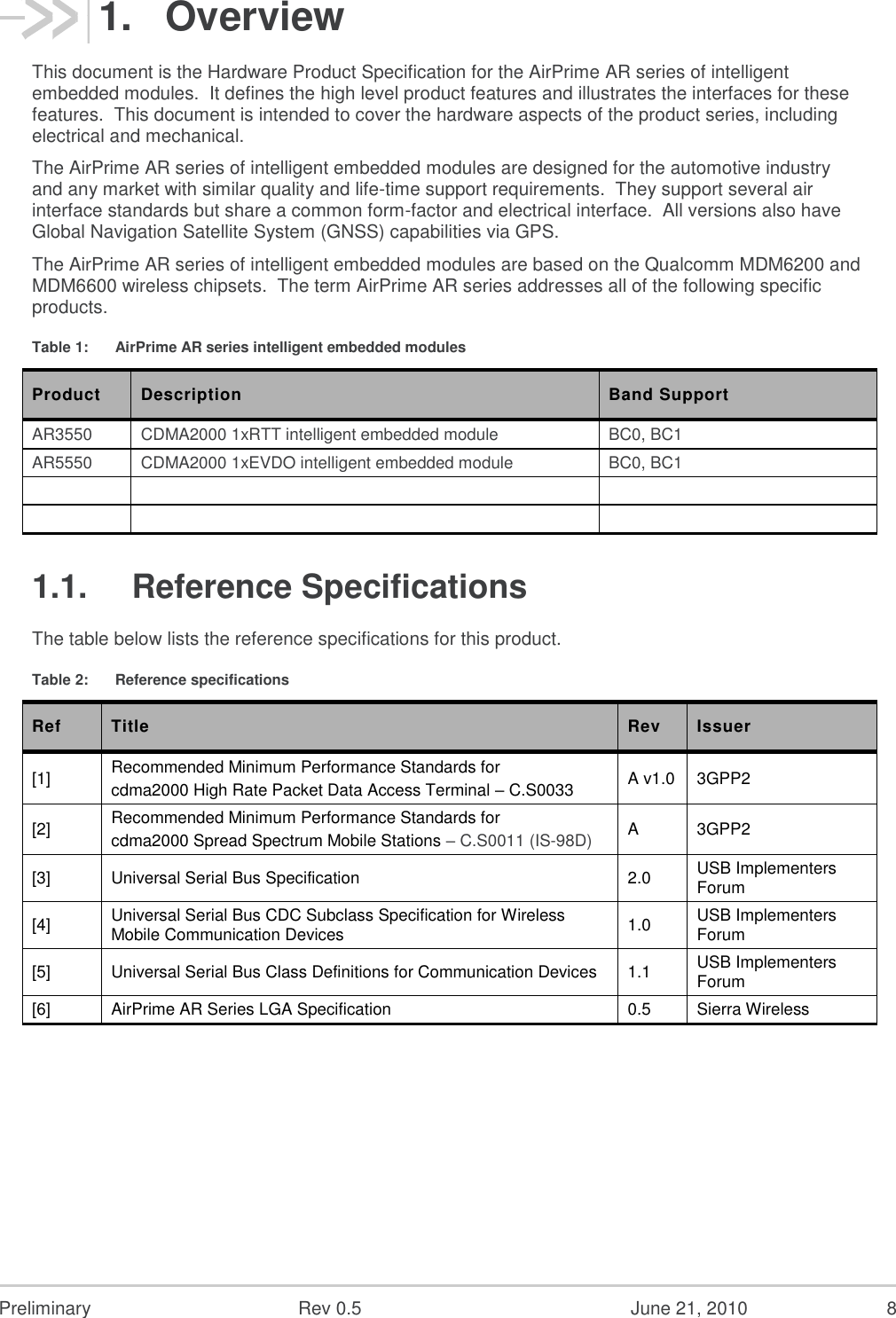  Preliminary  Rev 0.5  June 21, 2010  8 1.  Overview This document is the Hardware Product Specification for the AirPrime AR series of intelligent embedded modules.  It defines the high level product features and illustrates the interfaces for these features.  This document is intended to cover the hardware aspects of the product series, including electrical and mechanical. The AirPrime AR series of intelligent embedded modules are designed for the automotive industry and any market with similar quality and life-time support requirements.  They support several air interface standards but share a common form-factor and electrical interface.  All versions also have Global Navigation Satellite System (GNSS) capabilities via GPS. The AirPrime AR series of intelligent embedded modules are based on the Qualcomm MDM6200 and MDM6600 wireless chipsets.  The term AirPrime AR series addresses all of the following specific products. Table 1:  AirPrime AR series intelligent embedded modules Product Description Band Support AR3550 CDMA2000 1xRTT intelligent embedded module BC0, BC1 AR5550 CDMA2000 1xEVDO intelligent embedded module BC0, BC1       1.1.  Reference Specifications The table below lists the reference specifications for this product. Table 2:  Reference specifications Ref Title Rev Issuer [1] Recommended Minimum Performance Standards for cdma2000 High Rate Packet Data Access Terminal – C.S0033 A v1.0 3GPP2 [2] Recommended Minimum Performance Standards for cdma2000 Spread Spectrum Mobile Stations – C.S0011 (IS-98D) A 3GPP2 [3] Universal Serial Bus Specification 2.0 USB Implementers Forum [4] Universal Serial Bus CDC Subclass Specification for Wireless Mobile Communication Devices 1.0 USB Implementers Forum [5] Universal Serial Bus Class Definitions for Communication Devices 1.1 USB Implementers Forum [6] AirPrime AR Series LGA Specification 0.5 Sierra Wireless  