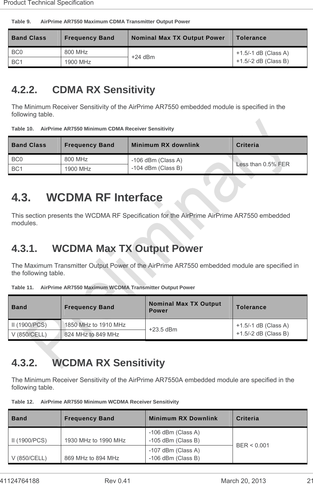   41124764188  Rev 0.41  March 20, 2013  21 Product Technical Specification   Table 9.  AirPrime AR7550 Maximum CDMA Transmitter Output Power Band Class  Frequency Band  Nominal Max TX Output Power  Tolerance  BC0 800 MHz  +24 dBm  +1.5/-1 dB (Class A) +1.5/-2 dB (Class B) BC1 1900 MHz 4.2.2. CDMA RX Sensitivity The Minimum Receiver Sensitivity of the AirPrime AR7550 embedded module is specified in the following table. Table 10.  AirPrime AR7550 Minimum CDMA Receiver Sensitivity Band Class  Frequency Band  Minimum RX downlink  Criteria BC0 800 MHz  -106 dBm (Class A) -104 dBm (Class B)  Less than 0.5% FER BC1 1900 MHz 4.3.  WCDMA RF Interface This section presents the WCDMA RF Specification for the AirPrime AirPrime AR7550 embedded modules. 4.3.1.  WCDMA Max TX Output Power The Maximum Transmitter Output Power of the AirPrime AR7550 embedded module are specified in the following table. Table 11.  AirPrime AR7550 Maximum WCDMA Transmitter Output Power Band  Frequency Band  Nominal Max TX Output Power  Tolerance II (1900/PCS)  1850 MHz to 1910 MHz  +23.5 dBm  +1.5/-1 dB (Class A) +1.5/-2 dB (Class B) V (850/CELL)  824 MHz to 849 MHz 4.3.2.  WCDMA RX Sensitivity The Minimum Receiver Sensitivity of the AirPrime AR7550A embedded module are specified in the following table. Table 12.  AirPrime AR7550 Minimum WCDMA Receiver Sensitivity Band  Frequency Band  Minimum RX Downlink  Criteria II (1900/PCS)  1930 MHz to 1990 MHz -106 dBm (Class A) -105 dBm (Class B)  BER &lt; 0.001 V (850/CELL)  869 MHz to 894 MHz -107 dBm (Class A) -106 dBm (Class B) 