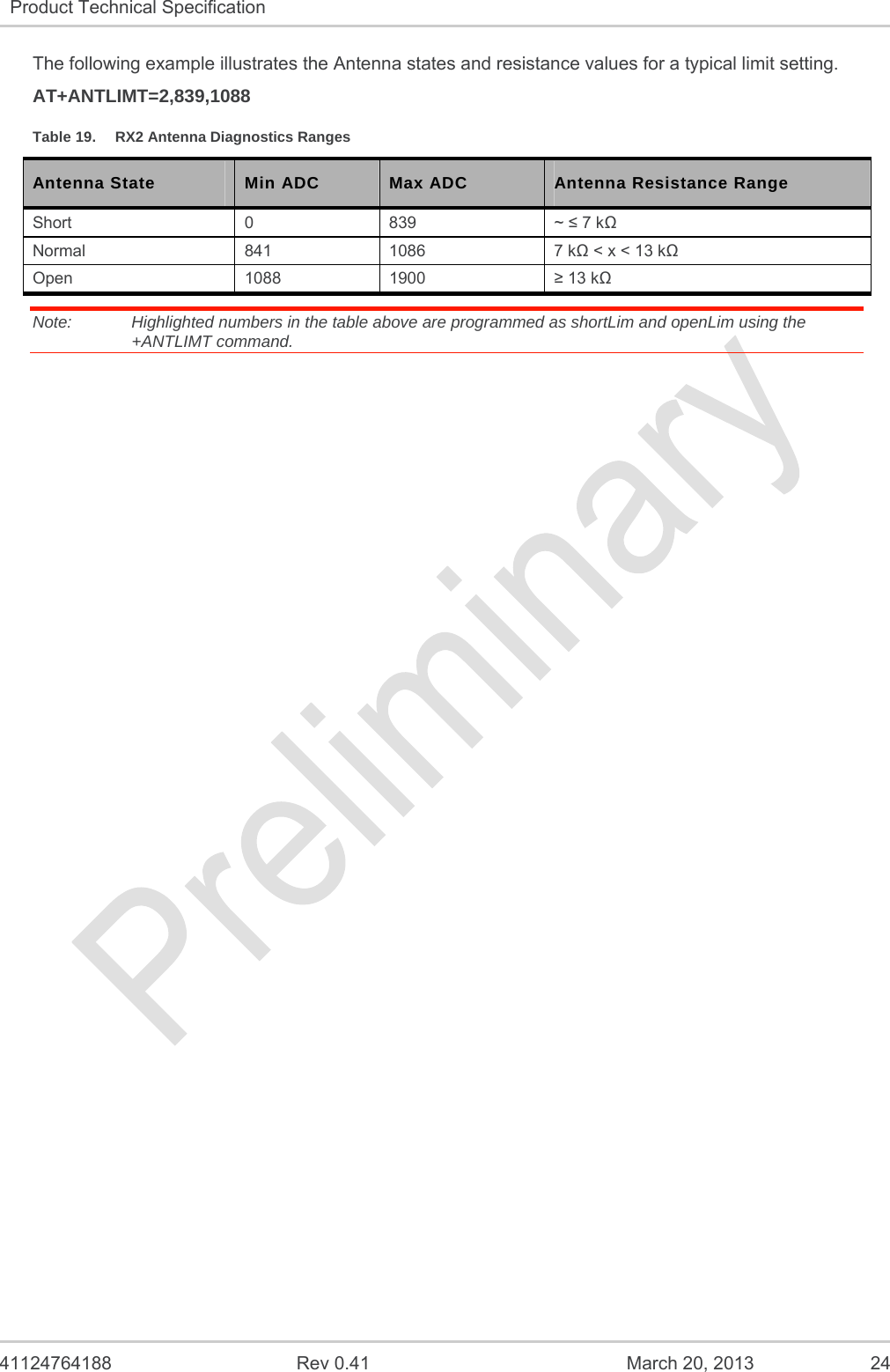   41124764188  Rev 0.41  March 20, 2013  24 Product Technical Specification   The following example illustrates the Antenna states and resistance values for a typical limit setting. AT+ANTLIMT=2,839,1088 Table 19.  RX2 Antenna Diagnostics Ranges Antenna State  Min ADC  Max ADC  Antenna Resistance Range Short 0 839 ~  7 k Normal 841 1086 7 k &lt; x &lt; 13 k Open 1088 1900   13 k Note:   Highlighted numbers in the table above are programmed as shortLim and openLim using the +ANTLIMT command.  