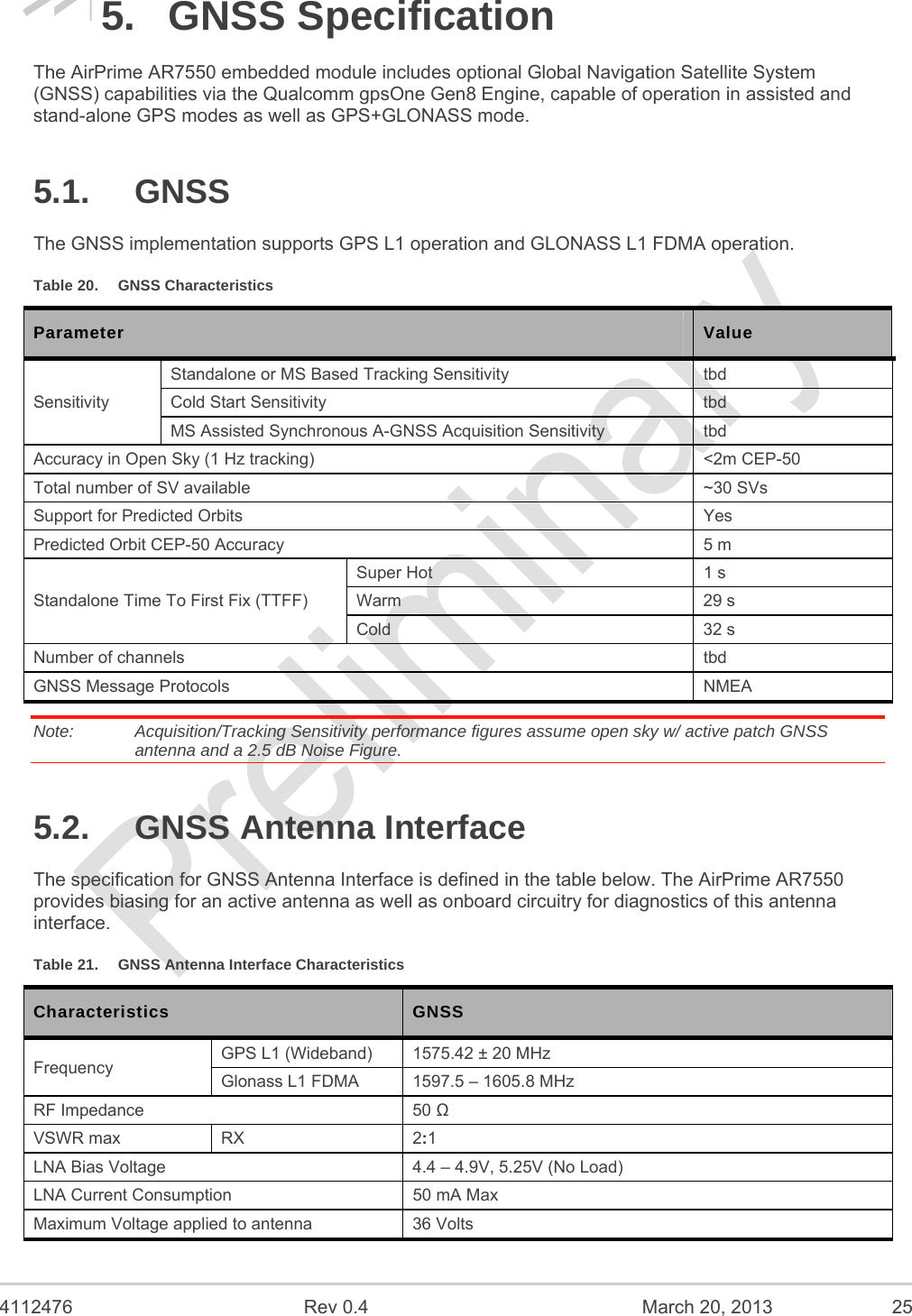  4112476  Rev 0.4  March 20, 2013  25 5. GNSS Specification The AirPrime AR7550 embedded module includes optional Global Navigation Satellite System (GNSS) capabilities via the Qualcomm gpsOne Gen8 Engine, capable of operation in assisted and stand-alone GPS modes as well as GPS+GLONASS mode. 5.1. GNSS The GNSS implementation supports GPS L1 operation and GLONASS L1 FDMA operation. Table 20.  GNSS Characteristics Parameter  Value Sensitivity Standalone or MS Based Tracking Sensitivity  tbd Cold Start Sensitivity  tbd MS Assisted Synchronous A-GNSS Acquisition Sensitivity  tbd Accuracy in Open Sky (1 Hz tracking)  &lt;2m CEP-50 Total number of SV available  ~30 SVs Support for Predicted Orbits  Yes Predicted Orbit CEP-50 Accuracy  5 m Standalone Time To First Fix (TTFF) Super Hot  1 s Warm 29 s Cold 32 s Number of channels  tbd GNSS Message Protocols  NMEA Note:   Acquisition/Tracking Sensitivity performance figures assume open sky w/ active patch GNSS antenna and a 2.5 dB Noise Figure. 5.2. GNSS Antenna Interface The specification for GNSS Antenna Interface is defined in the table below. The AirPrime AR7550 provides biasing for an active antenna as well as onboard circuitry for diagnostics of this antenna interface. Table 21.  GNSS Antenna Interface Characteristics Characteristics  GNSS Frequency  GPS L1 (Wideband)  1575.42 ± 20 MHz Glonass L1 FDMA  1597.5 – 1605.8 MHz RF Impedance  50  VSWR max  RX  2:1 LNA Bias Voltage  4.4 – 4.9V, 5.25V (No Load) LNA Current Consumption  50 mA Max Maximum Voltage applied to antenna  36 Volts 