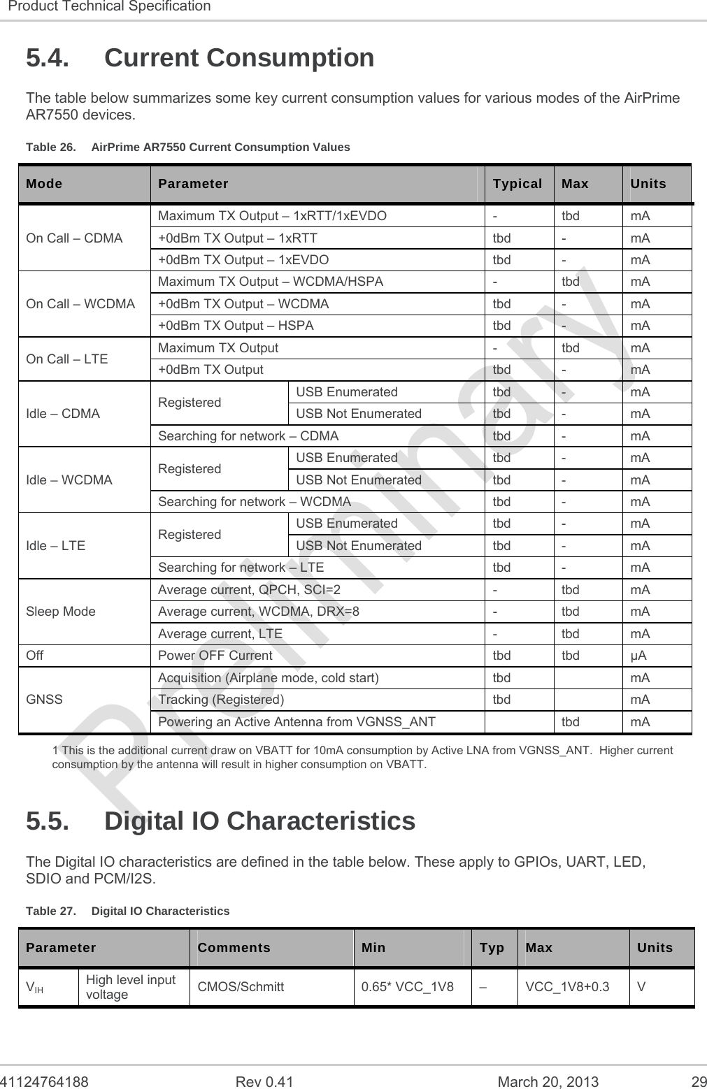   41124764188  Rev 0.41  March 20, 2013  29 Product Technical Specification   5.4. Current Consumption The table below summarizes some key current consumption values for various modes of the AirPrime AR7550 devices. Table 26.  AirPrime AR7550 Current Consumption Values Mode  Parameter  Typical  Max   Units On Call – CDMA Maximum TX Output – 1xRTT/1xEVDO  -   tbd  mA  +0dBm TX Output – 1xRTT  tbd  -   mA  +0dBm TX Output – 1xEVDO  tbd  -  mA On Call – WCDMA Maximum TX Output – WCDMA/HSPA  -   tbd  mA  +0dBm TX Output – WCDMA  tbd  -   mA  +0dBm TX Output – HSPA  tbd  -  mA On Call – LTE  Maximum TX Output  -   tbd  mA  +0dBm TX Output  tbd  -   mA  Idle – CDMA  Registered   USB Enumerated  tbd  -   mA  USB Not Enumerated  tbd  -  mA Searching for network – CDMA  tbd  -   mA  Idle – WCDMA  Registered   USB Enumerated  tbd  -  mA USB Not Enumerated  tbd  -   mA  Searching for network – WCDMA  tbd  -   mA  Idle – LTE  Registered   USB Enumerated  tbd  -  mA USB Not Enumerated  tbd  -   mA  Searching for network – LTE  tbd  -   mA  Sleep Mode Average current, QPCH, SCI=2   -   tbd   mA  Average current, WCDMA, DRX=8  -   tbd   mA  Average current, LTE  -   tbd   mA  Off   Power OFF Current  tbd  tbd  A GNSS Acquisition (Airplane mode, cold start)  tbd    mA Tracking (Registered)  tbd    mA Powering an Active Antenna from VGNSS_ANT    tbd  mA 1 This is the additional current draw on VBATT for 10mA consumption by Active LNA from VGNSS_ANT.  Higher current consumption by the antenna will result in higher consumption on VBATT. 5.5. Digital IO Characteristics The Digital IO characteristics are defined in the table below. These apply to GPIOs, UART, LED, SDIO and PCM/I2S. Table 27.  Digital IO Characteristics Parameter  Comments  Min  Typ  Max   Units VIH High level input voltage   CMOS/Schmitt 0.65* VCC_1V8 – VCC_1V8+0.3 V 