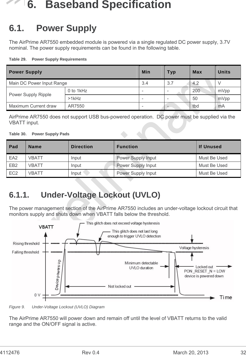  4112476  Rev 0.4  March 20, 2013  32 6. Baseband Specification 6.1. Power Supply The AirPrime AR7550 embedded module is powered via a single regulated DC power supply, 3.7V nominal. The power supply requirements can be found in the following table. Table 29.  Power Supply Requirements Power Supply  Min  Typ  Max  Units Main DC Power Input Range  3.4  3.7  4.2  V Power Supply Ripple  0 to 1kHz  -  -  200  mVpp &gt;1kHz - - 50 mVpp Maximum Current draw  AR7550  -  -  tbd  mA AirPrime AR7550 does not support USB bus-powered operation.  DC power must be supplied via the VBATT input. Table 30.  Power Supply Pads Pad  Name  Direction  Function  If Unused EA2  VBATT  Input  Power Supply Input  Must Be Used EB2  VBATT  Input  Power Supply Input  Must Be Used EC2  VBATT  Input  Power Supply Input  Must Be Used 6.1.1.  Under-Voltage Lockout (UVLO) The power management section of the AirPrime AR7550 includes an under-voltage lockout circuit that monitors supply and shuts down when VBATT falls below the threshold.  Figure 9.  Under-Voltage Lockout (UVLO) Diagram The AirPrime AR7550 will power down and remain off until the level of VBATT returns to the valid range and the ON/OFF signal is active. 