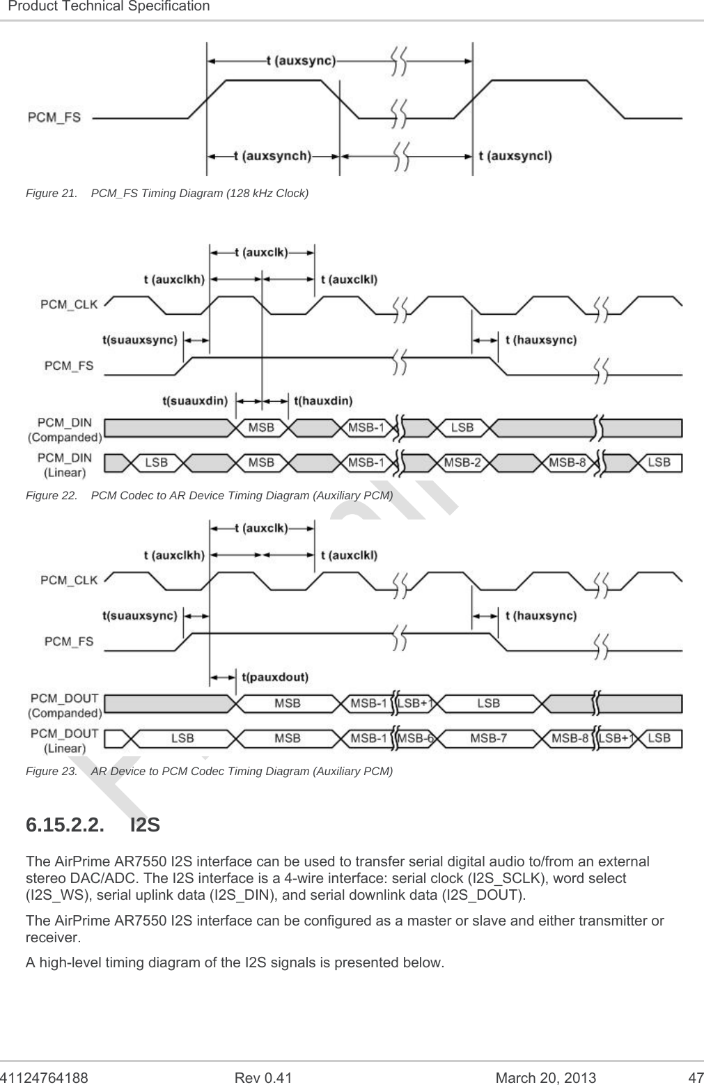   41124764188  Rev 0.41  March 20, 2013  47 Product Technical Specification    Figure 21.  PCM_FS Timing Diagram (128 kHz Clock)   Figure 22.  PCM Codec to AR Device Timing Diagram (Auxiliary PCM)  Figure 23.  AR Device to PCM Codec Timing Diagram (Auxiliary PCM) 6.15.2.2. I2S The AirPrime AR7550 I2S interface can be used to transfer serial digital audio to/from an external stereo DAC/ADC. The I2S interface is a 4-wire interface: serial clock (I2S_SCLK), word select (I2S_WS), serial uplink data (I2S_DIN), and serial downlink data (I2S_DOUT). The AirPrime AR7550 I2S interface can be configured as a master or slave and either transmitter or receiver. A high-level timing diagram of the I2S signals is presented below. 