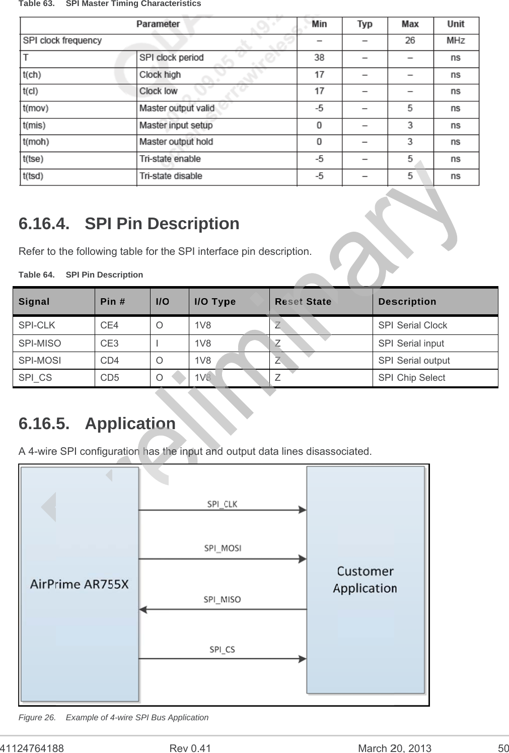 4112476418Product TeTable 63. 6.16.Refer toTable 64. Signal SPI-CLK SPI-MISOSPI-MOSSPI_CS  6.16.A 4-wireFigure 26.88 echnical SpecSPI Master T4. SPI  the followingSPI Pin DesPinCEO CESI CDCD5. Appe SPI configu Example of 4cification Timing CharacPin Deg table for thcription n # I/OE4 O E3 I D4 O D5 O plicationuration has th4-wire SPI Bus ARev 0.41cteristics scriptiohe SPI interfaO I/O Typ1V8 1V8 1V8 1V8 n he input and Application on ace pin descrpe RZZZZoutput data  ription. Reset Statelines disassoMarch 2DesSPI SPI SPI SPI ociated. 20, 2013 scription  Serial Clock  Serial input  Serial output  Chip Select    50 0 