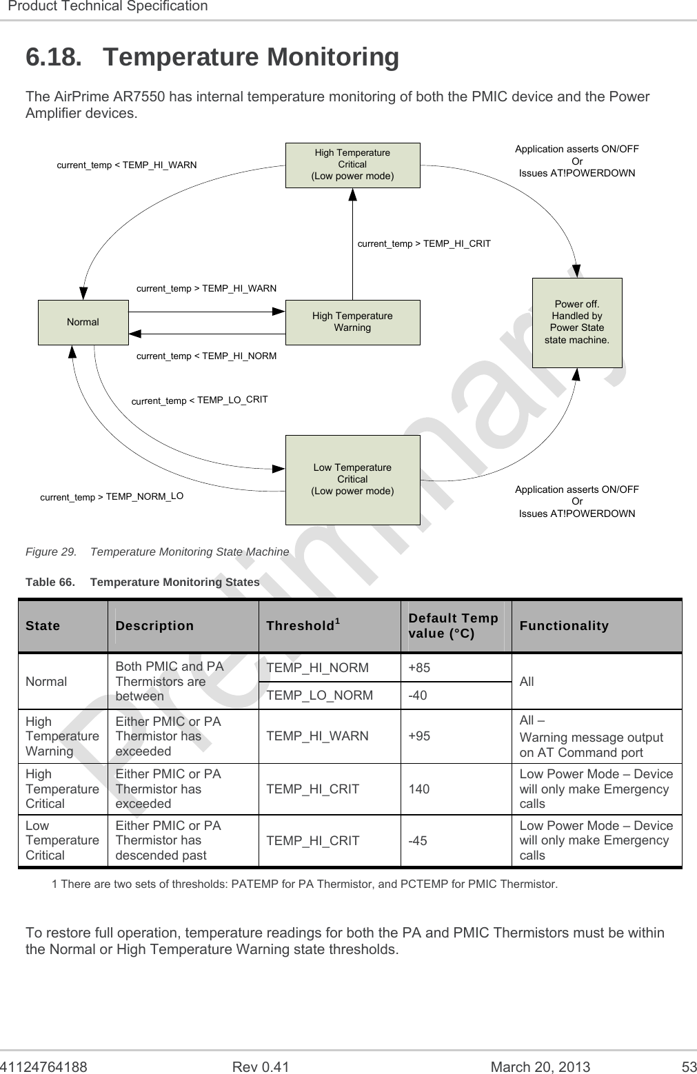   41124764188  Rev 0.41  March 20, 2013  53 Product Technical Specification   6.18. Temperature Monitoring The AirPrime AR7550 has internal temperature monitoring of both the PMIC device and the Power Amplifier devices. Normal High TemperatureWarningPower off.Handled byPower Statestate machine.High TemperatureCritical(Low power mode)Low TemperatureCritical(Low power mode)current_temp &lt; TEMP_HI_WARNcurrent_temp &lt; TEMP_LO_CRITcurrent_temp &gt; TEMP_NORM_LOcurrent_temp &gt; TEMP_HI_CRITApplication asserts ON/OFF OrIssues AT!POWERDOWNApplication asserts ON/OFF OrIssues AT!POWERDOWNcurrent_temp &gt; TEMP_HI_WARNcurrent_temp &lt; TEMP_HI_NORM Figure 29.  Temperature Monitoring State Machine Table 66.  Temperature Monitoring States State  Description  Threshold1 Default Temp value (°C)  Functionality Normal Both PMIC and PA Thermistors are between TEMP_HI_NORM   +85 All TEMP_LO_NORM -40 High Temperature Warning Either PMIC or PA Thermistor has exceeded TEMP_HI_WARN +95 All –  Warning message output on AT Command port High Temperature Critical Either PMIC or PA Thermistor has exceeded TEMP_HI_CRIT 140 Low Power Mode – Device will only make Emergency calls Low Temperature Critical  Either PMIC or PA Thermistor has descended past TEMP_HI_CRIT -45 Low Power Mode – Device will only make Emergency calls 1 There are two sets of thresholds: PATEMP for PA Thermistor, and PCTEMP for PMIC Thermistor.  To restore full operation, temperature readings for both the PA and PMIC Thermistors must be within the Normal or High Temperature Warning state thresholds.