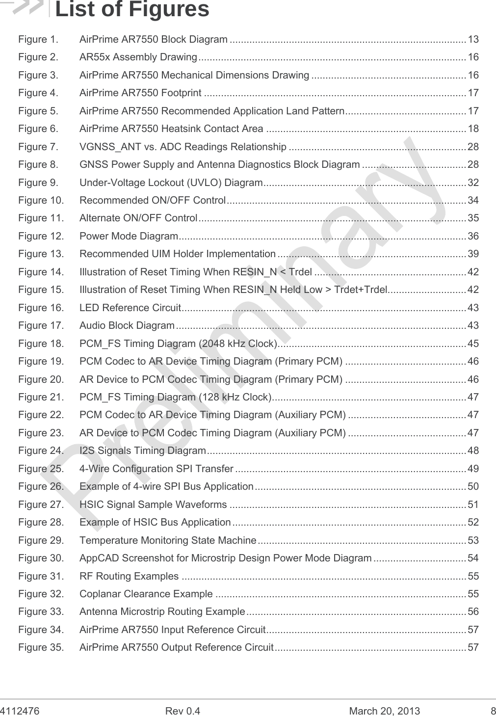  4112476  Rev 0.4  March 20, 2013  8 List of Figures Figure 1.AirPrime AR7550 Block Diagram .................................................................................... 13Figure 2.AR55x Assembly Drawing ............................................................................................... 16Figure 3.AirPrime AR7550 Mechanical Dimensions Drawing ....................................................... 16Figure 4.AirPrime AR7550 Footprint ............................................................................................. 17Figure 5.AirPrime AR7550 Recommended Application Land Pattern ........................................... 17Figure 6.AirPrime AR7550 Heatsink Contact Area ....................................................................... 18Figure 7.VGNSS_ANT vs. ADC Readings Relationship ............................................................... 28Figure 8.GNSS Power Supply and Antenna Diagnostics Block Diagram ..................................... 28Figure 9.Under-Voltage Lockout (UVLO) Diagram ........................................................................ 32Figure 10.Recommended ON/OFF Control ..................................................................................... 34Figure 11.Alternate ON/OFF Control ............................................................................................... 35Figure 12.Power Mode Diagram ......................................................................................................  36Figure 13.Recommended UIM Holder Implementation ................................................................... 39Figure 14.Illustration of Reset Timing When RESIN_N &lt; Trdel ...................................................... 42Figure 15.Illustration of Reset Timing When RESIN_N Held Low &gt; Trdet+Trdel ............................ 42Figure 16.LED Reference Circuit ..................................................................................................... 43Figure 17.Audio Block Diagram ....................................................................................................... 43Figure 18.PCM_FS Timing Diagram (2048 kHz Clock) ...................................................................  45Figure 19.PCM Codec to AR Device Timing Diagram (Primary PCM) ........................................... 46Figure 20.AR Device to PCM Codec Timing Diagram (Primary PCM) ........................................... 46Figure 21.PCM_FS Timing Diagram (128 kHz Clock) .....................................................................  47Figure 22.PCM Codec to AR Device Timing Diagram (Auxiliary PCM) .......................................... 47Figure 23.AR Device to PCM Codec Timing Diagram (Auxiliary PCM) .......................................... 47Figure 24.I2S Signals Timing Diagram ............................................................................................ 48Figure 25.4-Wire Configuration SPI Transfer .................................................................................. 49Figure 26.Example of 4-wire SPI Bus Application ........................................................................... 50Figure 27.HSIC Signal Sample Waveforms .................................................................................... 51Figure 28.Example of HSIC Bus Application ................................................................................... 52Figure 29.Temperature Monitoring State Machine .......................................................................... 53Figure 30.AppCAD Screenshot for Microstrip Design Power Mode Diagram ................................. 54Figure 31.RF Routing Examples ..................................................................................................... 55Figure 32.Coplanar Clearance Example ......................................................................................... 55Figure 33.Antenna Microstrip Routing Example .............................................................................. 56Figure 34.AirPrime AR7550 Input Reference Circuit .......................................................................  57Figure 35.AirPrime AR7550 Output Reference Circuit .................................................................... 57