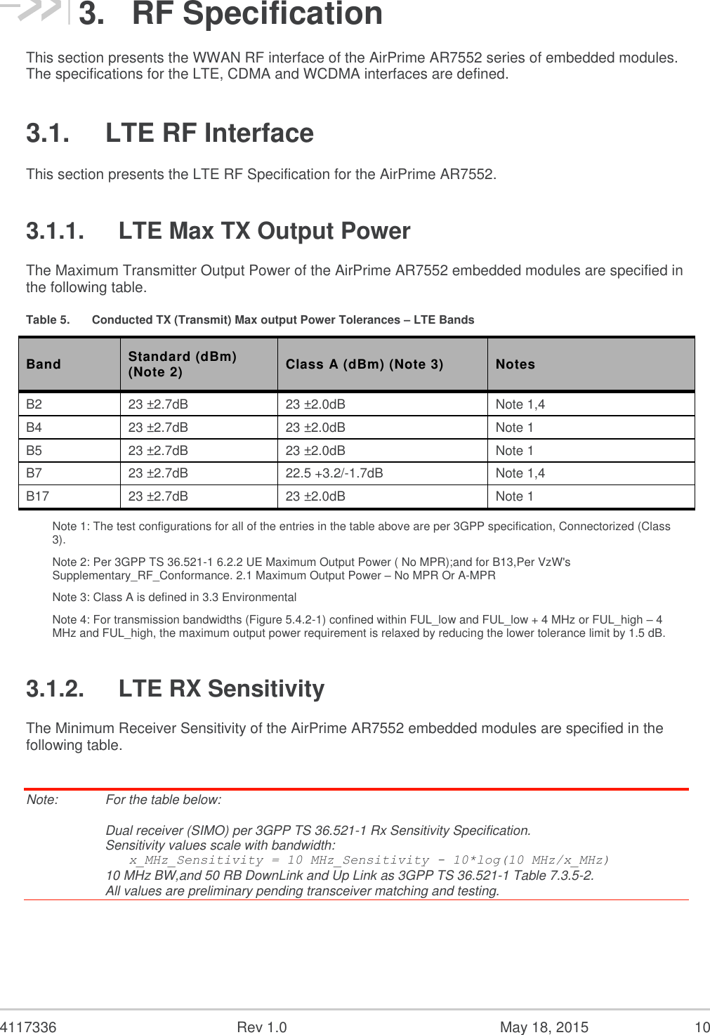  4117336  Rev 1.0  May 18, 2015  10 3.  RF Specification This section presents the WWAN RF interface of the AirPrime AR7552 series of embedded modules. The specifications for the LTE, CDMA and WCDMA interfaces are defined. 3.1.  LTE RF Interface This section presents the LTE RF Specification for the AirPrime AR7552. 3.1.1.  LTE Max TX Output Power The Maximum Transmitter Output Power of the AirPrime AR7552 embedded modules are specified in the following table. Table 5.  Conducted TX (Transmit) Max output Power Tolerances – LTE Bands Band Standard (dBm) (Note 2) Class A (dBm) (Note 3) Notes B2 23 ±2.7dB 23 ±2.0dB Note 1,4 B4 23 ±2.7dB 23 ±2.0dB Note 1 B5 23 ±2.7dB 23 ±2.0dB Note 1 B7 23 ±2.7dB 22.5 +3.2/-1.7dB Note 1,4 B17 23 ±2.7dB 23 ±2.0dB Note 1 Note 1: The test configurations for all of the entries in the table above are per 3GPP specification, Connectorized (Class 3). Note 2: Per 3GPP TS 36.521-1 6.2.2 UE Maximum Output Power ( No MPR);and for B13,Per VzW&apos;s Supplementary_RF_Conformance. 2.1 Maximum Output Power – No MPR Or A-MPR Note 3: Class A is defined in 3.3 Environmental Note 4: For transmission bandwidths (Figure 5.4.2-1) confined within FUL_low and FUL_low + 4 MHz or FUL_high – 4 MHz and FUL_high, the maximum output power requirement is relaxed by reducing the lower tolerance limit by 1.5 dB. 3.1.2.  LTE RX Sensitivity The Minimum Receiver Sensitivity of the AirPrime AR7552 embedded modules are specified in the following table.  Note:   For the table below:  Dual receiver (SIMO) per 3GPP TS 36.521-1 Rx Sensitivity Specification. Sensitivity values scale with bandwidth:    x_MHz_Sensitivity = 10 MHz_Sensitivity - 10*log(10 MHz/x_MHz) 10 MHz BW,and 50 RB DownLink and Up Link as 3GPP TS 36.521-1 Table 7.3.5-2. All values are preliminary pending transceiver matching and testing. 