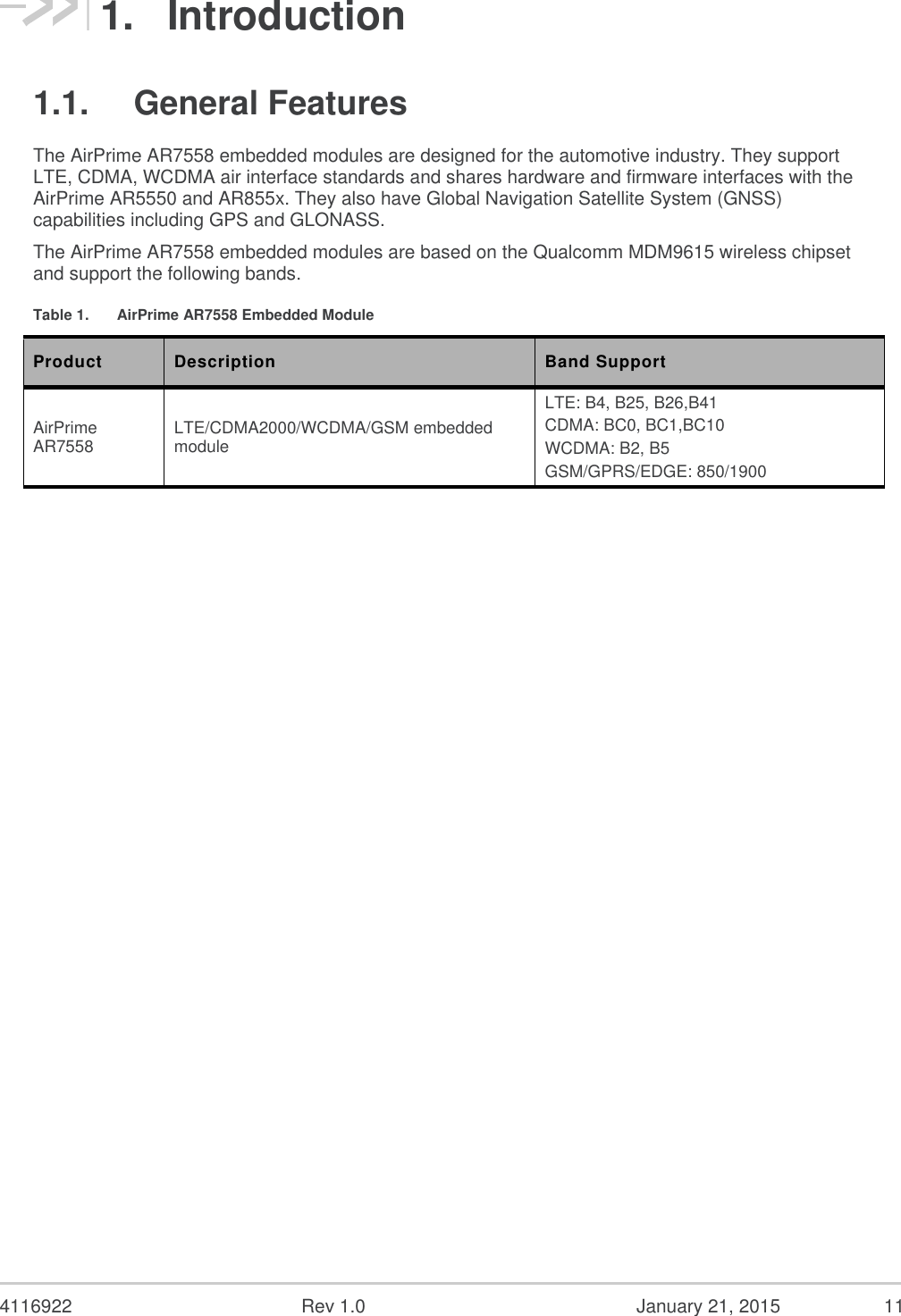  4116922  Rev 1.0  January 21, 2015  11 1.  Introduction 1.1.  General Features The AirPrime AR7558 embedded modules are designed for the automotive industry. They support LTE, CDMA, WCDMA air interface standards and shares hardware and firmware interfaces with the AirPrime AR5550 and AR855x. They also have Global Navigation Satellite System (GNSS) capabilities including GPS and GLONASS. The AirPrime AR7558 embedded modules are based on the Qualcomm MDM9615 wireless chipset and support the following bands.  Table 1.  AirPrime AR7558 Embedded Module Product Description Band Support AirPrime AR7558 LTE/CDMA2000/WCDMA/GSM embedded module LTE: B4, B25, B26,B41 CDMA: BC0, BC1,BC10 WCDMA: B2, B5 GSM/GPRS/EDGE: 850/1900  