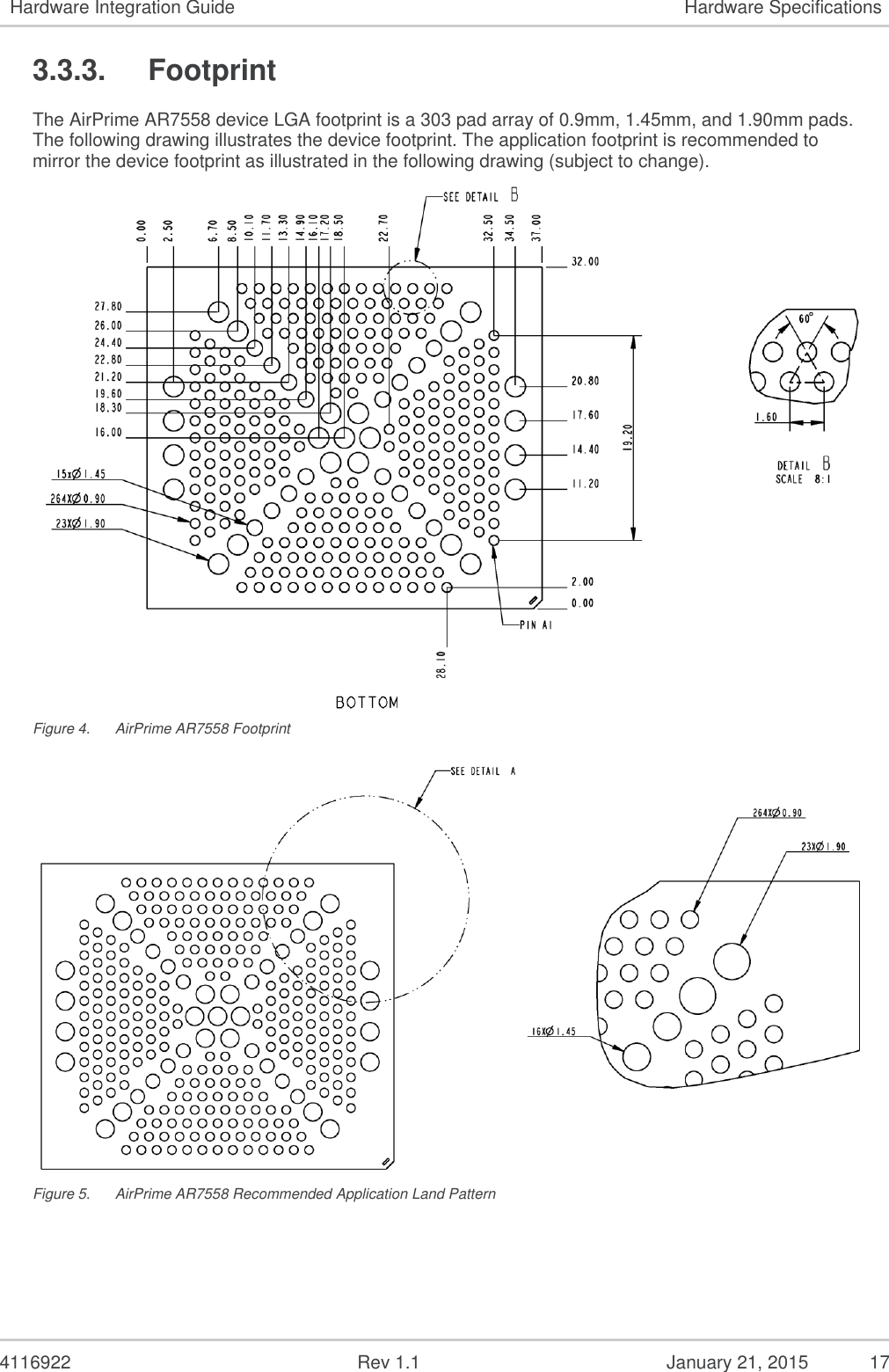   4116922              Rev 1.1          January 21, 2015  17 Hardware Integration Guide Hardware Specifications 3.3.3.  Footprint The AirPrime AR7558 device LGA footprint is a 303 pad array of 0.9mm, 1.45mm, and 1.90mm pads.  The following drawing illustrates the device footprint. The application footprint is recommended to mirror the device footprint as illustrated in the following drawing (subject to change).  Figure 4.  AirPrime AR7558 Footprint  Figure 5.  AirPrime AR7558 Recommended Application Land Pattern 