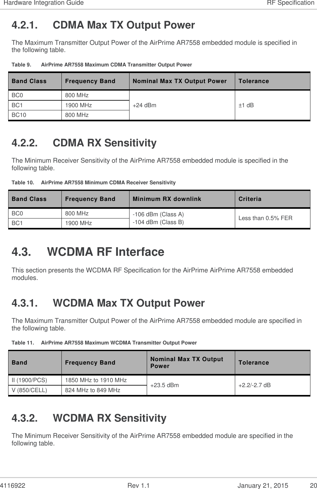  4116922              Rev 1.1          January 21, 2015  20 Hardware Integration Guide RF Specification 4.2.1.  CDMA Max TX Output Power The Maximum Transmitter Output Power of the AirPrime AR7558 embedded module is specified in the following table. Table 9.  AirPrime AR7558 Maximum CDMA Transmitter Output Power Band Class Frequency Band Nominal Max TX Output Power Tolerance  BC0 800 MHz +24 dBm ±1  dB  BC1 1900 MHz BC10 800 MHz 4.2.2.  CDMA RX Sensitivity The Minimum Receiver Sensitivity of the AirPrime AR7558 embedded module is specified in the following table. Table 10.  AirPrime AR7558 Minimum CDMA Receiver Sensitivity Band Class Frequency Band Minimum RX downlink Criteria BC0 800 MHz -106 dBm (Class A) -104 dBm (Class B) Less than 0.5% FER BC1 1900 MHz 4.3.  WCDMA RF Interface This section presents the WCDMA RF Specification for the AirPrime AirPrime AR7558 embedded modules. 4.3.1.  WCDMA Max TX Output Power The Maximum Transmitter Output Power of the AirPrime AR7558 embedded module are specified in the following table. Table 11.  AirPrime AR7558 Maximum WCDMA Transmitter Output Power Band Frequency Band Nominal Max TX Output Power Tolerance II (1900/PCS) 1850 MHz to 1910 MHz +23.5 dBm +2.2/-2.7 dB  V (850/CELL) 824 MHz to 849 MHz 4.3.2.  WCDMA RX Sensitivity The Minimum Receiver Sensitivity of the AirPrime AR7558 embedded module are specified in the following table. 