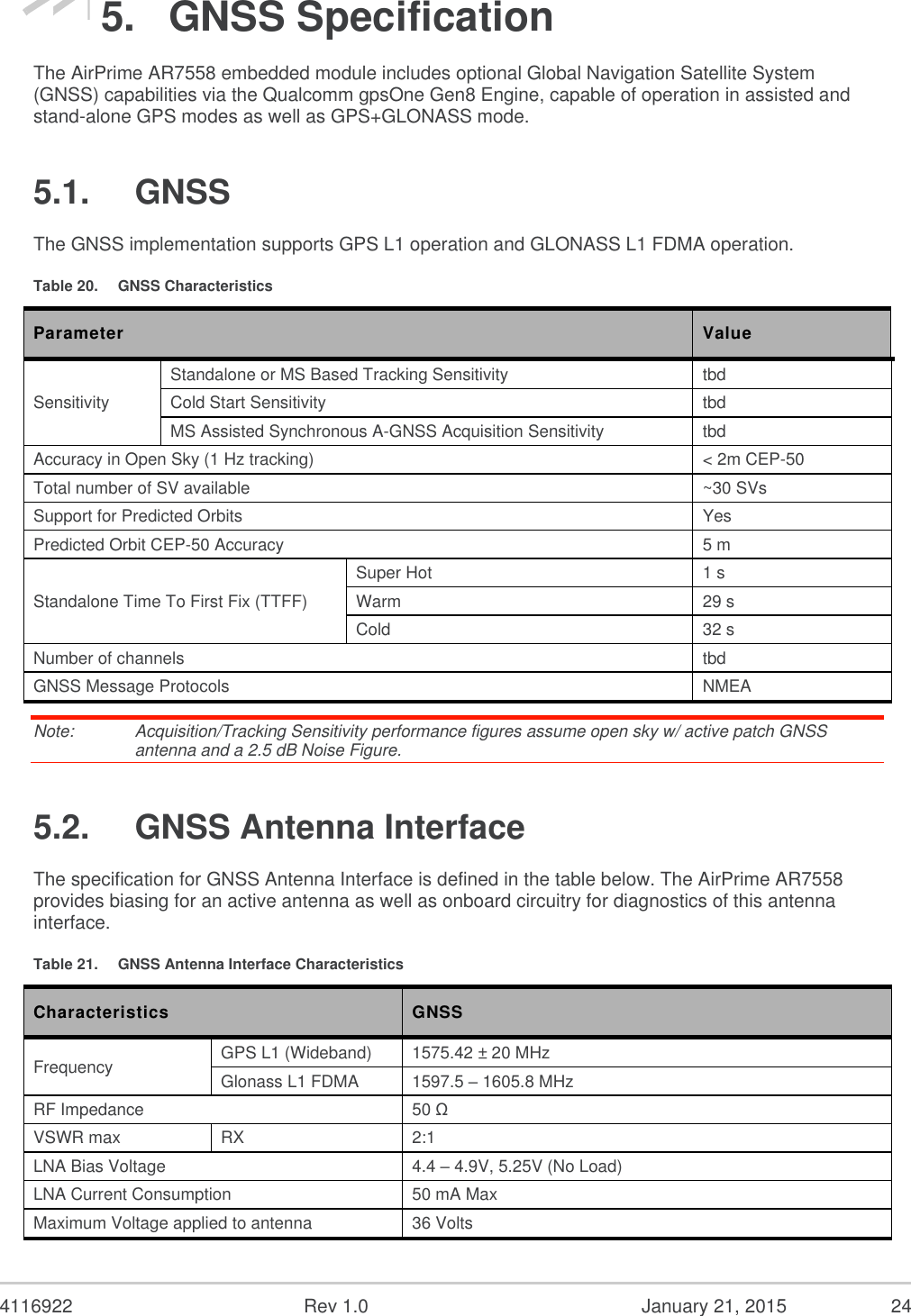  4116922  Rev 1.0  January 21, 2015  24 5.  GNSS Specification The AirPrime AR7558 embedded module includes optional Global Navigation Satellite System (GNSS) capabilities via the Qualcomm gpsOne Gen8 Engine, capable of operation in assisted and stand-alone GPS modes as well as GPS+GLONASS mode. 5.1.  GNSS The GNSS implementation supports GPS L1 operation and GLONASS L1 FDMA operation. Table 20.  GNSS Characteristics Parameter Value Sensitivity Standalone or MS Based Tracking Sensitivity tbd Cold Start Sensitivity tbd MS Assisted Synchronous A-GNSS Acquisition Sensitivity tbd Accuracy in Open Sky (1 Hz tracking) &lt; 2m CEP-50 Total number of SV available ~30 SVs Support for Predicted Orbits Yes Predicted Orbit CEP-50 Accuracy 5 m Standalone Time To First Fix (TTFF) Super Hot 1 s Warm 29 s Cold 32 s Number of channels tbd GNSS Message Protocols NMEA Note:   Acquisition/Tracking Sensitivity performance figures assume open sky w/ active patch GNSS antenna and a 2.5 dB Noise Figure. 5.2.  GNSS Antenna Interface The specification for GNSS Antenna Interface is defined in the table below. The AirPrime AR7558 provides biasing for an active antenna as well as onboard circuitry for diagnostics of this antenna interface. Table 21.  GNSS Antenna Interface Characteristics Characteristics GNSS Frequency GPS L1 (Wideband) 1575.42 ± 20 MHz Glonass L1 FDMA 1597.5 – 1605.8 MHz RF Impedance 50 Ω VSWR max RX 2:1 LNA Bias Voltage 4.4 – 4.9V, 5.25V (No Load) LNA Current Consumption 50 mA Max Maximum Voltage applied to antenna 36 Volts 