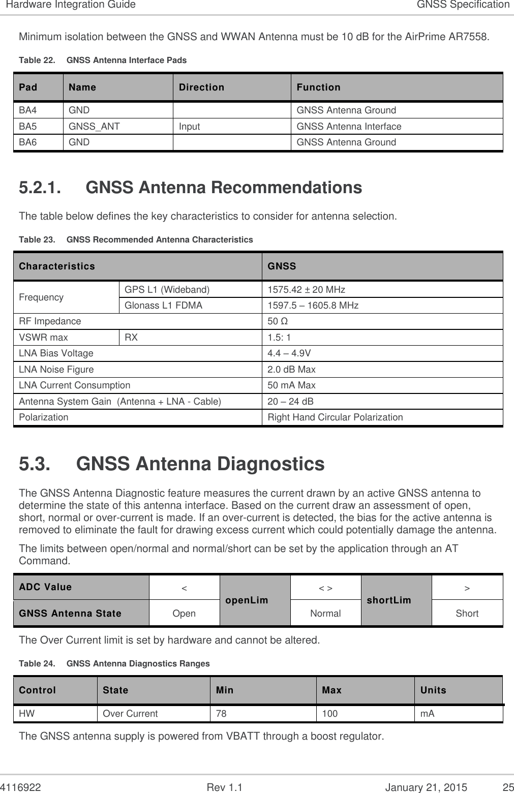   4116922              Rev 1.1          January 21, 2015  25 Hardware Integration Guide GNSS Specification Minimum isolation between the GNSS and WWAN Antenna must be 10 dB for the AirPrime AR7558. Table 22.  GNSS Antenna Interface Pads Pad Name Direction Function BA4 GND  GNSS Antenna Ground BA5 GNSS_ANT Input GNSS Antenna Interface BA6 GND  GNSS Antenna Ground 5.2.1.  GNSS Antenna Recommendations The table below defines the key characteristics to consider for antenna selection. Table 23.  GNSS Recommended Antenna Characteristics Characteristics GNSS Frequency GPS L1 (Wideband) 1575.42 ± 20 MHz Glonass L1 FDMA 1597.5 – 1605.8 MHz RF Impedance 50 Ω VSWR max RX 1.5: 1 LNA Bias Voltage 4.4 – 4.9V LNA Noise Figure 2.0 dB Max LNA Current Consumption 50 mA Max Antenna System Gain  (Antenna + LNA - Cable) 20 – 24 dB Polarization Right Hand Circular Polarization 5.3.  GNSS Antenna Diagnostics The GNSS Antenna Diagnostic feature measures the current drawn by an active GNSS antenna to determine the state of this antenna interface. Based on the current draw an assessment of open, short, normal or over-current is made. If an over-current is detected, the bias for the active antenna is removed to eliminate the fault for drawing excess current which could potentially damage the antenna. The limits between open/normal and normal/short can be set by the application through an AT Command. ADC Value &lt; openLim &lt; &gt; shortLim &gt; GNSS Antenna State Open Normal Short The Over Current limit is set by hardware and cannot be altered. Table 24.  GNSS Antenna Diagnostics Ranges Control State Min Max Units HW Over Current 78 100 mA The GNSS antenna supply is powered from VBATT through a boost regulator. 