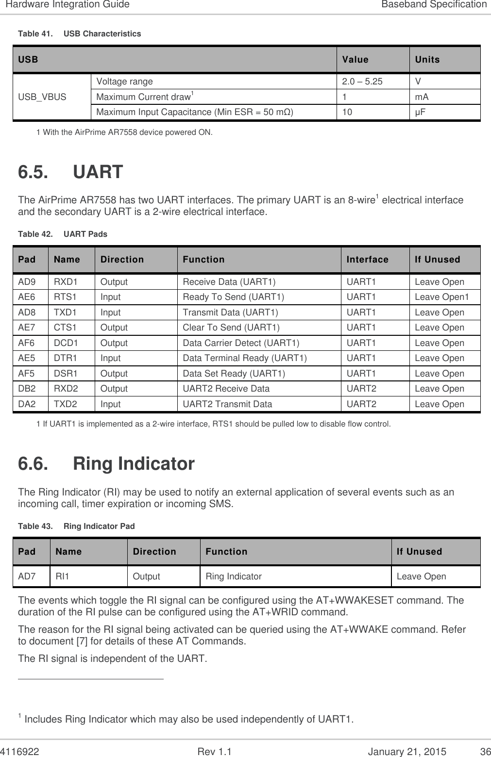   4116922              Rev 1.1          January 21, 2015  36 Hardware Integration Guide Baseband Specification Table 41.  USB Characteristics USB Value Units USB_VBUS  Voltage range 2.0 – 5.25 V Maximum Current draw1 1 mA Maximum Input Capacitance (Min ESR = 50 mΩ) 10 μF 1 With the AirPrime AR7558 device powered ON. 6.5.  UART The AirPrime AR7558 has two UART interfaces. The primary UART is an 8-wire1 electrical interface and the secondary UART is a 2-wire electrical interface.   Table 42.  UART Pads Pad Name Direction Function Interface If Unused AD9 RXD1 Output Receive Data (UART1) UART1 Leave Open AE6 RTS1 Input Ready To Send (UART1) UART1 Leave Open1 AD8 TXD1 Input Transmit Data (UART1) UART1 Leave Open AE7 CTS1 Output Clear To Send (UART1) UART1 Leave Open AF6 DCD1 Output Data Carrier Detect (UART1) UART1 Leave Open AE5 DTR1 Input Data Terminal Ready (UART1) UART1 Leave Open AF5 DSR1 Output Data Set Ready (UART1) UART1 Leave Open DB2 RXD2 Output UART2 Receive Data UART2 Leave Open DA2 TXD2 Input UART2 Transmit Data UART2 Leave Open 1 If UART1 is implemented as a 2-wire interface, RTS1 should be pulled low to disable flow control. 6.6.  Ring Indicator The Ring Indicator (RI) may be used to notify an external application of several events such as an incoming call, timer expiration or incoming SMS. Table 43.  Ring Indicator Pad Pad Name Direction Function If Unused AD7 RI1 Output Ring Indicator Leave Open The events which toggle the RI signal can be configured using the AT+WWAKESET command. The duration of the RI pulse can be configured using the AT+WRID command. The reason for the RI signal being activated can be queried using the AT+WWAKE command. Refer to document [7] for details of these AT Commands. The RI signal is independent of the UART.                                                        1 Includes Ring Indicator which may also be used independently of UART1. 