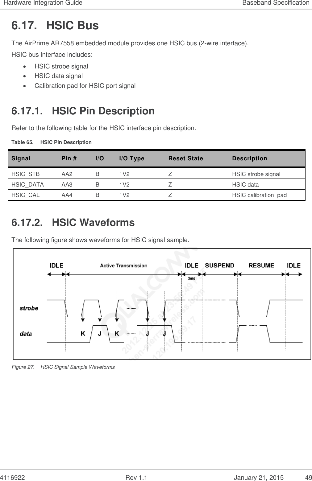   4116922              Rev 1.1          January 21, 2015  49 Hardware Integration Guide Baseband Specification 6.17.  HSIC Bus The AirPrime AR7558 embedded module provides one HSIC bus (2-wire interface). HSIC bus interface includes:  HSIC strobe signal  HSIC data signal  Calibration pad for HSIC port signal 6.17.1.  HSIC Pin Description Refer to the following table for the HSIC interface pin description. Table 65.  HSIC Pin Description Signal Pin # I/O I/O Type Reset State Description HSIC_STB AA2 B 1V2 Z HSIC strobe signal HSIC_DATA AA3 B 1V2 Z HSIC data  HSIC_CAL AA4 B 1V2 Z HSIC calibration  pad 6.17.2.  HSIC Waveforms The following figure shows waveforms for HSIC signal sample.  Figure 27.  HSIC Signal Sample Waveforms   