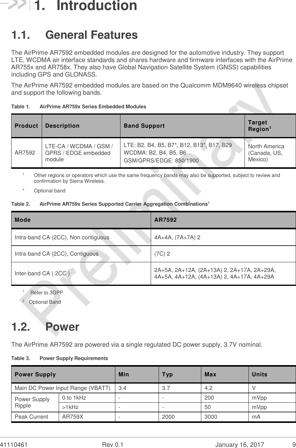  41110461  Rev 0.1  January 16, 2017  9 1.  Introduction 1.1.  General Features The AirPrime AR7592 embedded modules are designed for the automotive industry. They support LTE, WCDMA air interface standards and shares hardware and firmware interfaces with the AirPrime AR755x and AR758x. They also have Global Navigation Satellite System (GNSS) capabilities including GPS and GLONASS.  The AirPrime AR7592 embedded modules are based on the Qualcomm MDM9640 wireless chipset and support the following bands. Table 1.  AirPrime AR759x Series Embedded Modules Product Description Band Support Target Region1 AR7592 LTE-CA / WCDMA / GSM / GPRS / EDGE embedded module LTE: B2, B4, B5, B7*, B12, B13*, B17, B29 WCDMA: B2, B4, B5, B6 GSM/GPRS/EDGE: 850/1900 North America (Canada, US, Mexico) 1    Other regions or operators which use the same frequency bands may also be supported, subject to review and confirmation by Sierra Wireless. *  Optional band Table 2.  AirPrime AR759x Series Supported Carrier Aggregation Combinations1 Mode AR7592 Intra-band CA (2CC), Non contiguous 4A+4A, (7A+7A) 2 Intra-band CA (2CC), Contiguous (7C) 2 Inter-band CA ( 2CC ) 2A+5A, 2A+12A, (2A+13A) 2, 2A+17A, 2A+29A, 4A+5A, 4A+12A, (4A+13A) 2, 4A+17A, 4A+29A 1     Refer to 3GPP 2    Optional Band 1.2.  Power The AirPrime AR7592 are powered via a single regulated DC power supply, 3.7V nominal. Table 3.  Power Supply Requirements Power Supply Min Typ Max Units Main DC Power Input Range (VBATT) 3.4 3.7 4.2 V Power Supply Ripple 0 to 1kHz - - 200 mVpp &gt;1kHz - - 50 mVpp Peak Current AR759X - 2000 3000 mA 