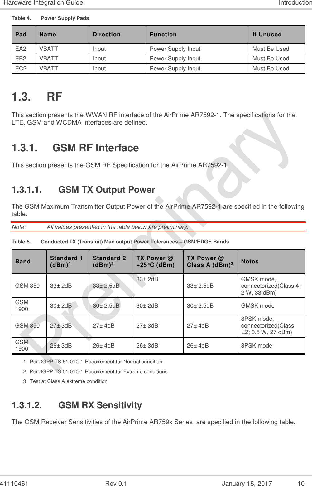  41110461  Rev 0.1  January 16, 2017  10 Hardware Integration Guide Introduction Table 4.  Power Supply Pads Pad Name Direction Function If Unused EA2 VBATT Input Power Supply Input Must Be Used EB2 VBATT Input Power Supply Input Must Be Used EC2 VBATT Input Power Supply Input Must Be Used 1.3.  RF This section presents the WWAN RF interface of the AirPrime AR7592-1. The specifications for the LTE, GSM and WCDMA interfaces are defined. 1.3.1.  GSM RF Interface This section presents the GSM RF Specification for the AirPrime AR7592-1. 1.3.1.1.  GSM TX Output Power The GSM Maximum Transmitter Output Power of the AirPrime AR7592-1 are specified in the following table. Note:   All values presented in the table below are preliminary. Table 5.  Conducted TX (Transmit) Max output Power Tolerances – GSM/EDGE Bands Band Standard 1 (dBm)1 Standard 2 (dBm)2 TX Power @ +25°C (dBm) TX Power @ Class A (dBm)3 Notes GSM 850 33± 2dB 33± 2.5dB 33± 2dB 33± 2.5dB GMSK mode, connectorized(Class 4; 2 W, 33 dBm) GSM 1900 30± 2dB 30± 2.5dB 30± 2dB 30± 2.5dB GMSK mode GSM 850 27± 3dB 27± 4dB 27± 3dB 27± 4dB 8PSK mode, connectorized(Class E2; 0.5 W, 27 dBm) GSM 1900 26± 3dB 26± 4dB 26± 3dB 26± 4dB 8PSK mode 1  Per 3GPP TS 51.010-1 Requirement for Normal condition. 2  Per 3GPP TS 51.010-1 Requirement for Extreme conditions 3  Test at Class A extreme condition 1.3.1.2.  GSM RX Sensitivity The GSM Receiver Sensitivities of the AirPrime AR759x Series  are specified in the following table. 