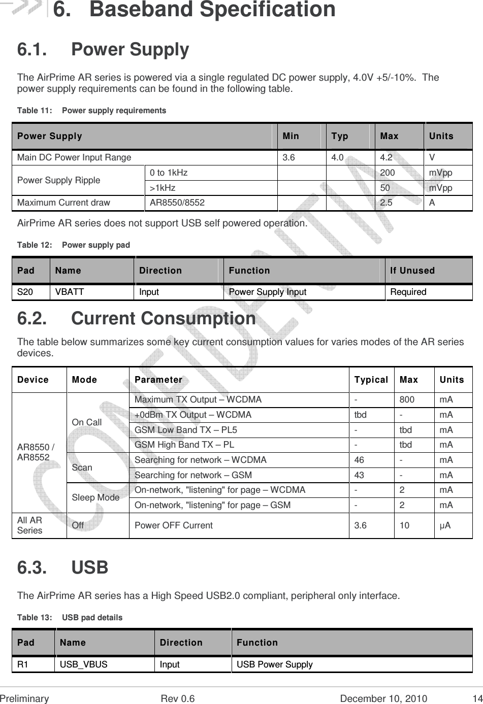  Preliminary  Rev 0.6  December 10, 2010  14 6.  Baseband Specification 6.1.  Power Supply The AirPrime AR series is powered via a single regulated DC power supply, 4.0V +5/-10%.  The power supply requirements can be found in the following table. Table 11:  Power supply requirements Power Supply  Min  Typ  Max  Units Main DC Power Input Range  3.6  4.0  4.2  V Power Supply Ripple  0 to 1kHz      200  mVpp &gt;1kHz      50  mVpp Maximum Current draw  AR8550/8552      2.5  A AirPrime AR series does not support USB self powered operation. Table 12:  Power supply pad Pad  Name  Direction  Function  If Unused S20  VBATT  Input  Power Supply Input  Required 6.2.  Current Consumption The table below summarizes some key current consumption values for varies modes of the AR series devices. Device  Mode  Parameter  Typical Max   Units AR8550 / AR8552 On Call Maximum TX Output – WCDMA  -   800   mA  +0dBm TX Output – WCDMA  tbd   -   mA  GSM Low Band TX – PL5  -  tbd  mA GSM High Band TX – PL   -  tbd  mA Scan  Searching for network – WCDMA  46  -  mA Searching for network – GSM  43  -  mA Sleep Mode  On-network, &quot;listening&quot; for page – WCDMA  -  2  mA On-network, &quot;listening&quot; for page – GSM  -  2  mA All AR Series  Off   Power OFF Current  3.6  10  µA 6.3.  USB The AirPrime AR series has a High Speed USB2.0 compliant, peripheral only interface. Table 13:  USB pad details Pad  Name  Direction  Function R1  USB_VBUS  Input  USB Power Supply 