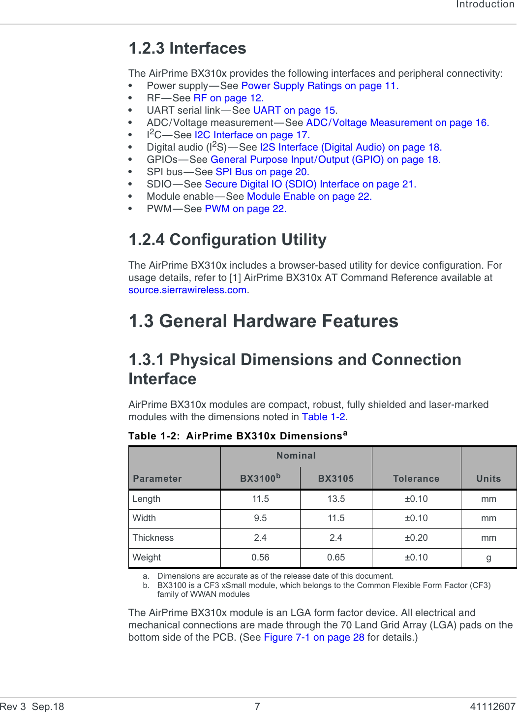 IntroductionRev 3  Sep.18 7 411126071.2.3 InterfacesThe AirPrime BX310x provides the following interfaces and peripheral connectivity:•Power supply—See Power Supply Ratings on page 11.•RF—See RF on page 12.•UART serial link—See UART on page 15.•ADC/Voltage measurement—See ADC/Voltage Measurement on page 16.•I2C—See I2C Interface on page 17.•Digital audio (I2S)—See I2S Interface (Digital Audio) on page 18.•GPIOs—See General Purpose Input/Output (GPIO) on page 18.•SPI bus—See SPI Bus on page 20.•SDIO—See Secure Digital IO (SDIO) Interface on page 21.•Module enable—See Module Enable on page 22.•PWM—See PWM on page 22.1.2.4 Configuration UtilityThe AirPrime BX310x includes a browser-based utility for device configuration. For usage details, refer to [1] AirPrime BX310x AT Command Reference available at source.sierrawireless.com.1.3 General Hardware Features1.3.1 Physical Dimensions and Connection InterfaceAirPrime BX310x modules are compact, robust, fully shielded and laser-marked modules with the dimensions noted in Table 1-2.The AirPrime BX310x module is an LGA form factor device. All electrical and mechanical connections are made through the 70 Land Grid Array (LGA) pads on the bottom side of the PCB. (See Figure 7-1 on page 28 for details.)Table 1-2: AirPrime BX310x Dimensionsaa. Dimensions are accurate as of the release date of this document.ParameterNominalTolerance UnitsBX3100bb. BX3100 is a CF3 xSmall module, which belongs to the Common Flexible Form Factor (CF3) family of WWAN modulesBX3105Length 11.5 13.5 ±0.10 mmWidth 9.5 11.5 ±0.10 mmThickness 2.4 2.4 ±0.20 mmWeight 0.56 0.65 ±0.10 g