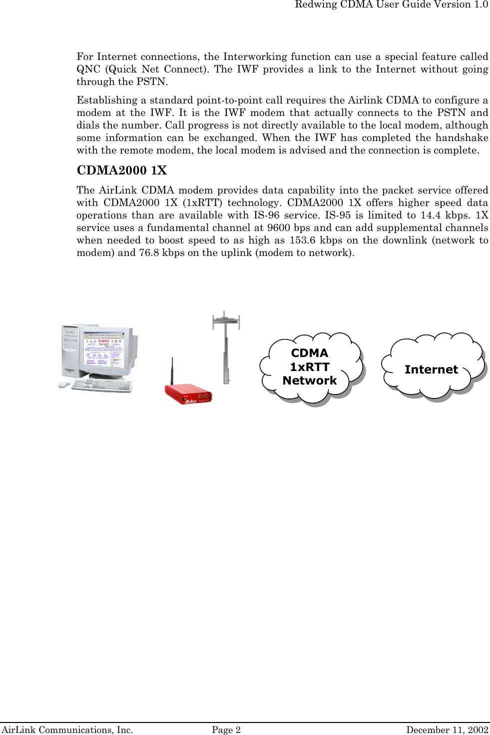   Redwing CDMA User Guide Version 1.0   AirLink Communications, Inc.  Page 2  December 11, 2002  For Internet connections, the Interworking function can use a special feature called QNC (Quick Net Connect). The IWF provides a link to the Internet without going through the PSTN.  Establishing a standard point-to-point call requires the Airlink CDMA to configure a modem at the IWF. It is the IWF modem that actually connects to the PSTN and dials the number. Call progress is not directly available to the local modem, although some information can be exchanged. When the IWF has completed the handshake with the remote modem, the local modem is advised and the connection is complete. CDMA2000 1X The AirLink CDMA modem provides data capability into the packet service offered with CDMA2000 1X (1xRTT) technology. CDMA2000 1X offers higher speed data operations than are available with IS-96 service. IS-95 is limited to 14.4 kbps. 1X service uses a fundamental channel at 9600 bps and can add supplemental channels when needed to boost speed to as high as 153.6 kbps on the downlink (network to modem) and 76.8 kbps on the uplink (modem to network).        CDMA 1xRTT Network  Internet 