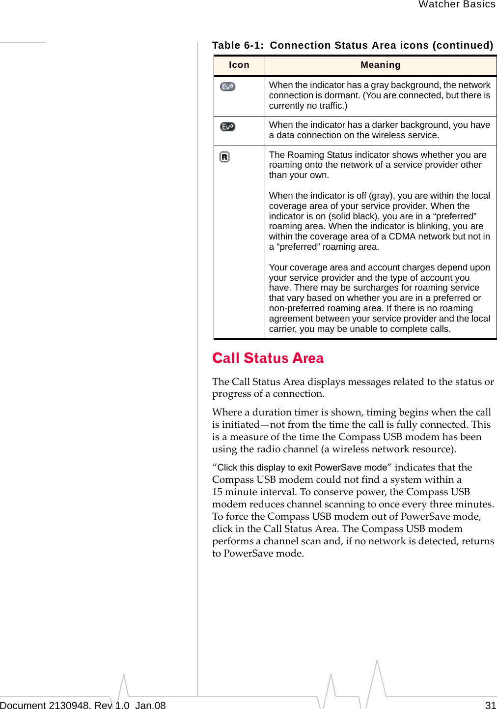 Watcher BasicsDocument 2130948. Rev 1.0  Jan.08 31Call Status AreaTheCallStatusAreadisplaysmessagesrelatedtothestatusorprogressofaconnection.Whereadurationtimerisshown,timingbeginswhenthecallisinitiated—notfromthetimethecallisfullyconnected.ThisisameasureofthetimetheCompassUSBmodemhasbeenusingtheradiochannel(awirelessnetworkresource).“Click this display to exit PowerSave mode”indicatesthattheCompassUSBmodemcouldnotfindasystemwithina15 minuteinterval.Toconservepower,theCompassUSBmodemreduceschannelscanningtoonceeverythreeminutes.ToforcetheCompassUSBmodemoutofPowerSavemode,clickintheCallStatusArea.TheCompassUSBmodemperformsachannelscanand,ifnonetworkisdetected,returnstoPowerSavemode.When the indicator has a gray background, the network connection is dormant. (You are connected, but there is currently no traffic.)When the indicator has a darker background, you have a data connection on the wireless service.The Roaming Status indicator shows whether you are roaming onto the network of a service provider other than your own.When the indicator is off (gray), you are within the local coverage area of your service provider. When the indicator is on (solid black), you are in a “preferred” roaming area. When the indicator is blinking, you are within the coverage area of a CDMA network but not in a “preferred” roaming area.Your coverage area and account charges depend upon your service provider and the type of account you have. There may be surcharges for roaming service that vary based on whether you are in a preferred or non-preferred roaming area. If there is no roaming agreement between your service provider and the local carrier, you may be unable to complete calls.Table 6-1: Connection Status Area icons (continued)Icon Meaning