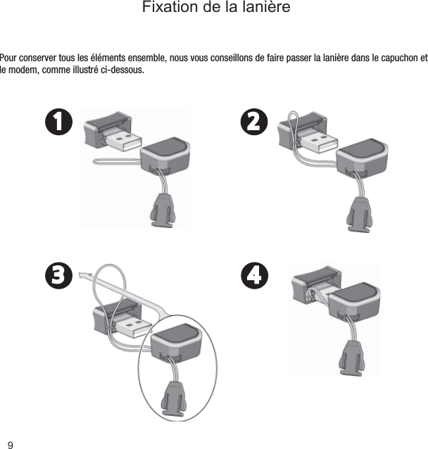 9Fixation de la lanière1 23 4Pour conserver tous les éléments ensemble, nous vous conseillons de faire passer la lanière dans le capuchon et le modem, comme illustré ci-dessous.