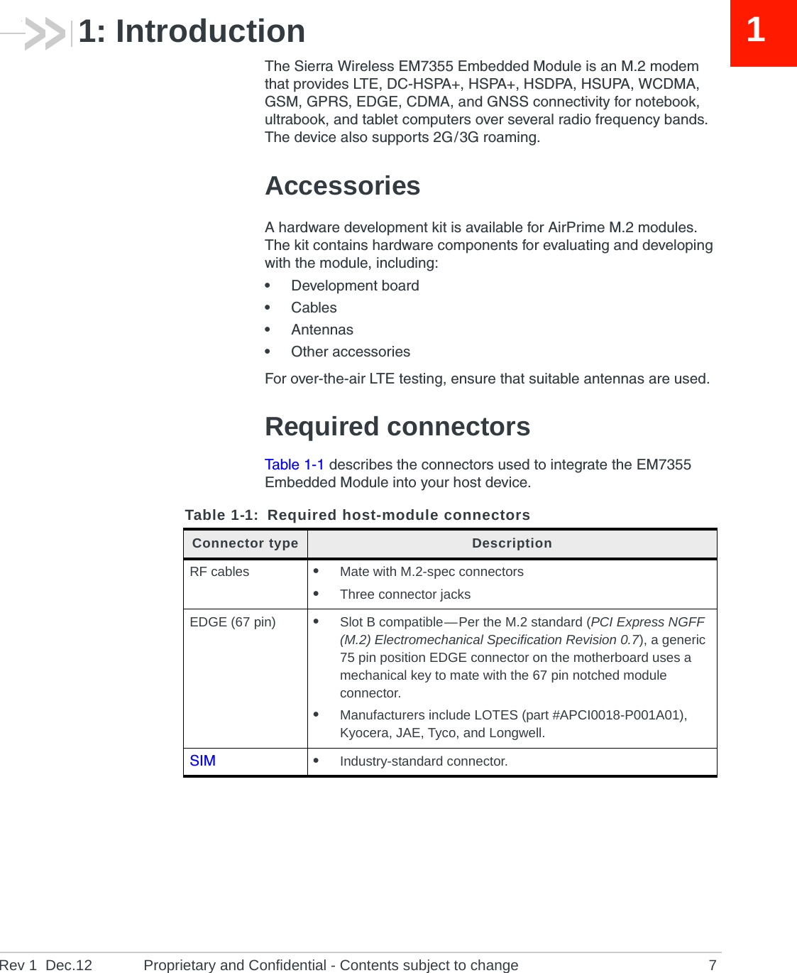 Rev 1  Dec.12 Proprietary and Confidential - Contents subject to change 711: IntroductionThe Sierra Wireless EM7355 Embedded Module is an M.2 modem that provides LTE, DC-HSPA+, HSPA+, HSDPA, HSUPA, WCDMA, GSM, GPRS, EDGE, CDMA, and GNSS connectivity for notebook, ultrabook, and tablet computers over several radio frequency bands. The device also supports 2G / 3G roaming.AccessoriesA hardware development kit is available for AirPrime M.2 modules. The kit contains hardware components for evaluating and developing with the module, including:•Development board•Cables•Antennas•Other accessoriesFor over-the-air LTE testing, ensure that suitable antennas are used.Required connectorsTabl e  1-1 describes the connectors used to integrate the EM7355 Embedded Module into your host device.Table 1-1: Required host-module connectors Connector type DescriptionRF cables •Mate with M.2-spec connectors•Three connector jacksEDGE (67 pin) •Slot B compatible — Per the M.2 standard (PCI Express NGFF (M.2) Electromechanical Specification Revision 0.7), a generic 75 pin position EDGE connector on the motherboard uses a mechanical key to mate with the 67 pin notched module connector.•Manufacturers include LOTES (part #APCI0018-P001A01), Kyocera, JAE, Tyco, and Longwell.SIM •Industry-standard connector. 