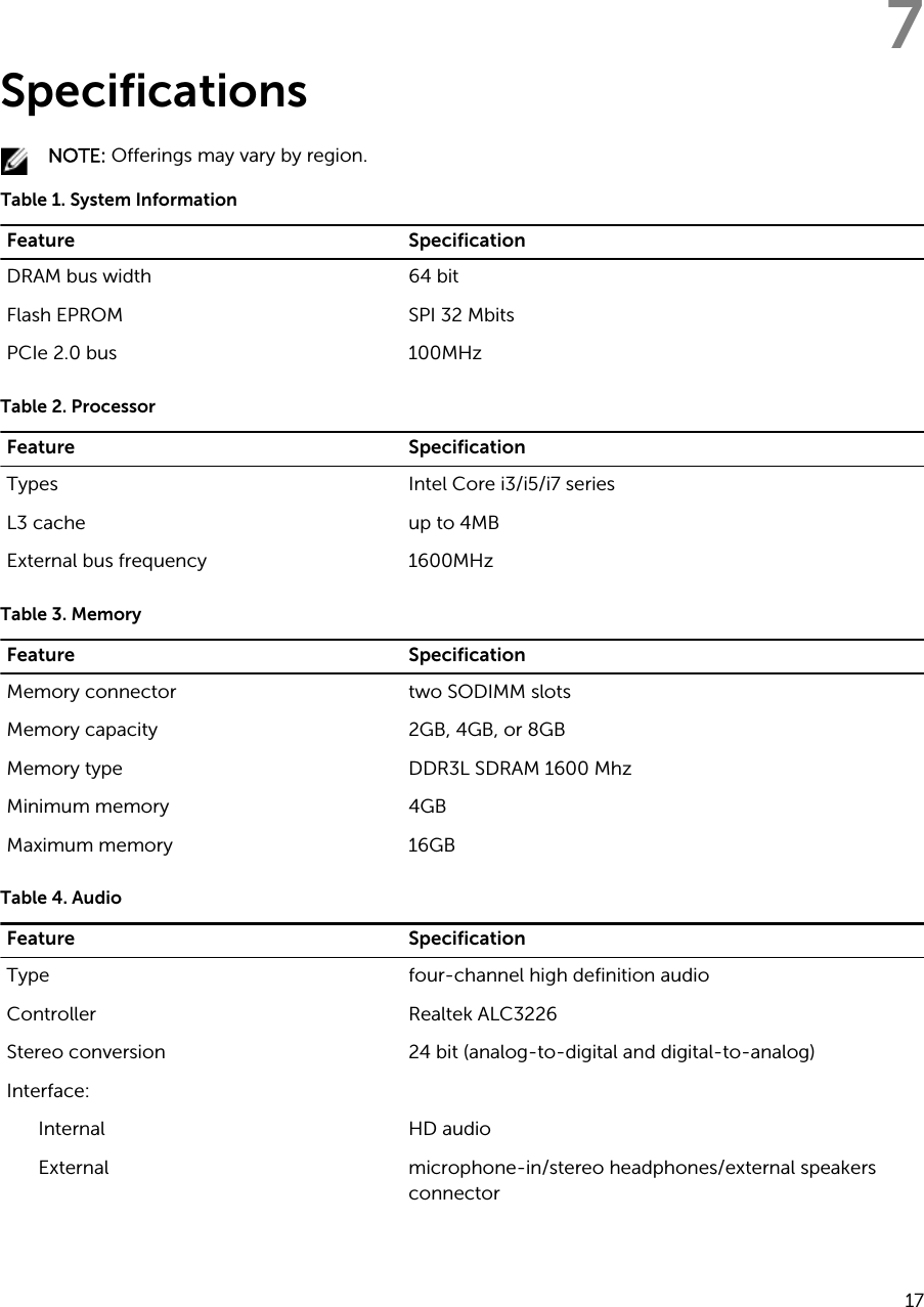 7SpecificationsNOTE: Offerings may vary by region.Table 1. System InformationFeature SpecificationDRAM bus width 64 bitFlash EPROM SPI 32 MbitsPCIe 2.0 bus 100MHzTable 2. ProcessorFeature SpecificationTypes Intel Core i3/i5/i7 seriesL3 cache up to 4MBExternal bus frequency 1600MHzTable 3. MemoryFeature SpecificationMemory connector two SODIMM slotsMemory capacity 2GB, 4GB, or 8GBMemory type DDR3L SDRAM 1600 MhzMinimum memory 4GBMaximum memory 16GBTable 4. AudioFeature SpecificationType four-channel high definition audioController Realtek ALC3226Stereo conversion 24 bit (analog-to-digital and digital-to-analog)Interface:Internal HD audioExternal microphone-in/stereo headphones/external speakers connector17