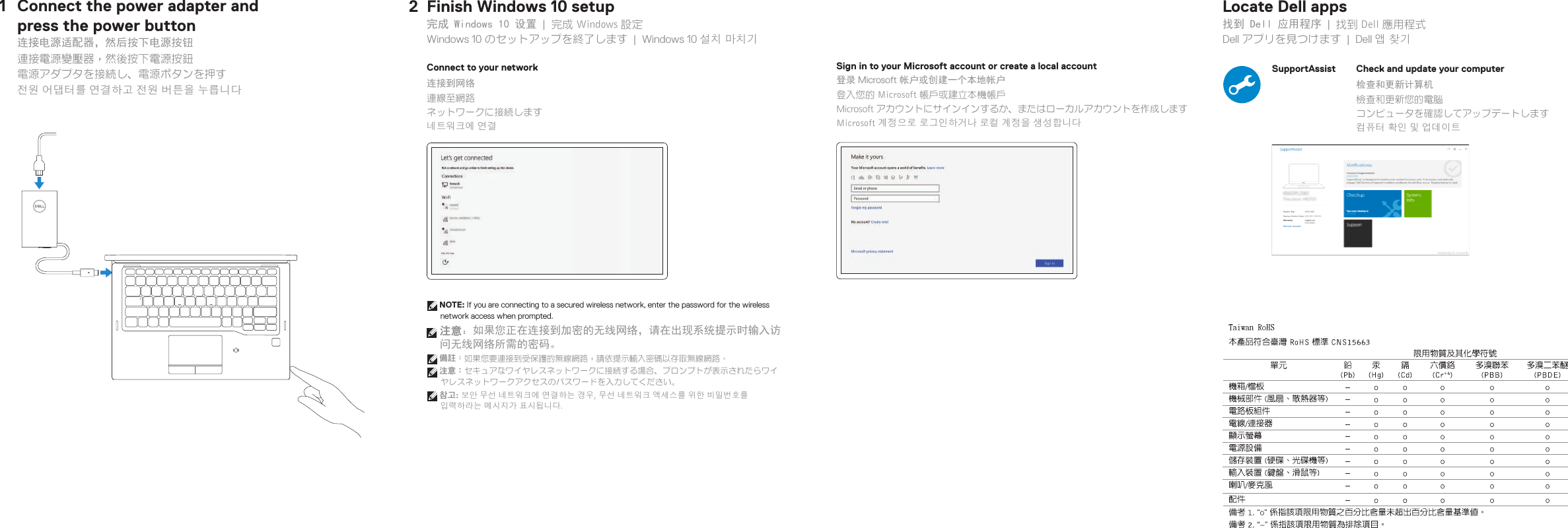          Latitude 7389Quick Start Guide快速入门指南快速入門指南クイックスタートガイド빠른 시작 안내서1 Connect the power adapter and  press the power button连接电源适配器，然后按下电源按钮連接電源變壓器，然後按下電源按鈕電源アダプタを接続し、電源ボタンを押す전원 어댑터를 연결하고 전원 버튼을 누릅니다2Finish Windows 10 setup完成 Windows 10 设置 | 完成 Windows 設定Windows 10 のセットアップを終了します | Windows 10 설치 마치기Connect to your network连接到网络連線至網路ネットワークに接続します네트워크에 연결 NOTE: If you are connecting to a secured wireless network, enter the password for the wireless network access when prompted.   注意：如果您正在连接到加密的无线网络，请在出现系统提示时输入访问无线网络所需的密码。 備註：如果您要連接到受保護的無線網路，請依提示輸入密碼以存取無線網路。 注意：セキュアなワイヤレスネットワークに接続する場合、プロンプトが表示されたらワイヤレスネットワークアクセスのパスワードを入力してください。 참고: 보안 무선 네트워크에 연결하는 경우, 무선 네트워크 액세스를 위한 비밀번호를 입력하라는 메시지가 표시됩니다.Sign in to your Microsoft account orcreate alocal account登录 Microsoft 帐户或创建一个本地帐户登入您的 Microsoft 帳戶或建立本機帳戶Microsoft アカウントにサインインするか、またはローカルアカウントを作成しますMicrosoft 계정으로 로그인하거나 로컬 계정을 생성합니다Locate Dell apps找到 Dell 应用程序 | 找到 Dell 應用程式Dell アプリを見つけます | Dell 앱 찾기SupportAssist Check and update your computer检查和更新计算机檢查和更新您的電腦コンピュータを確認してアップデートします컴퓨터 확인 및 업데이트