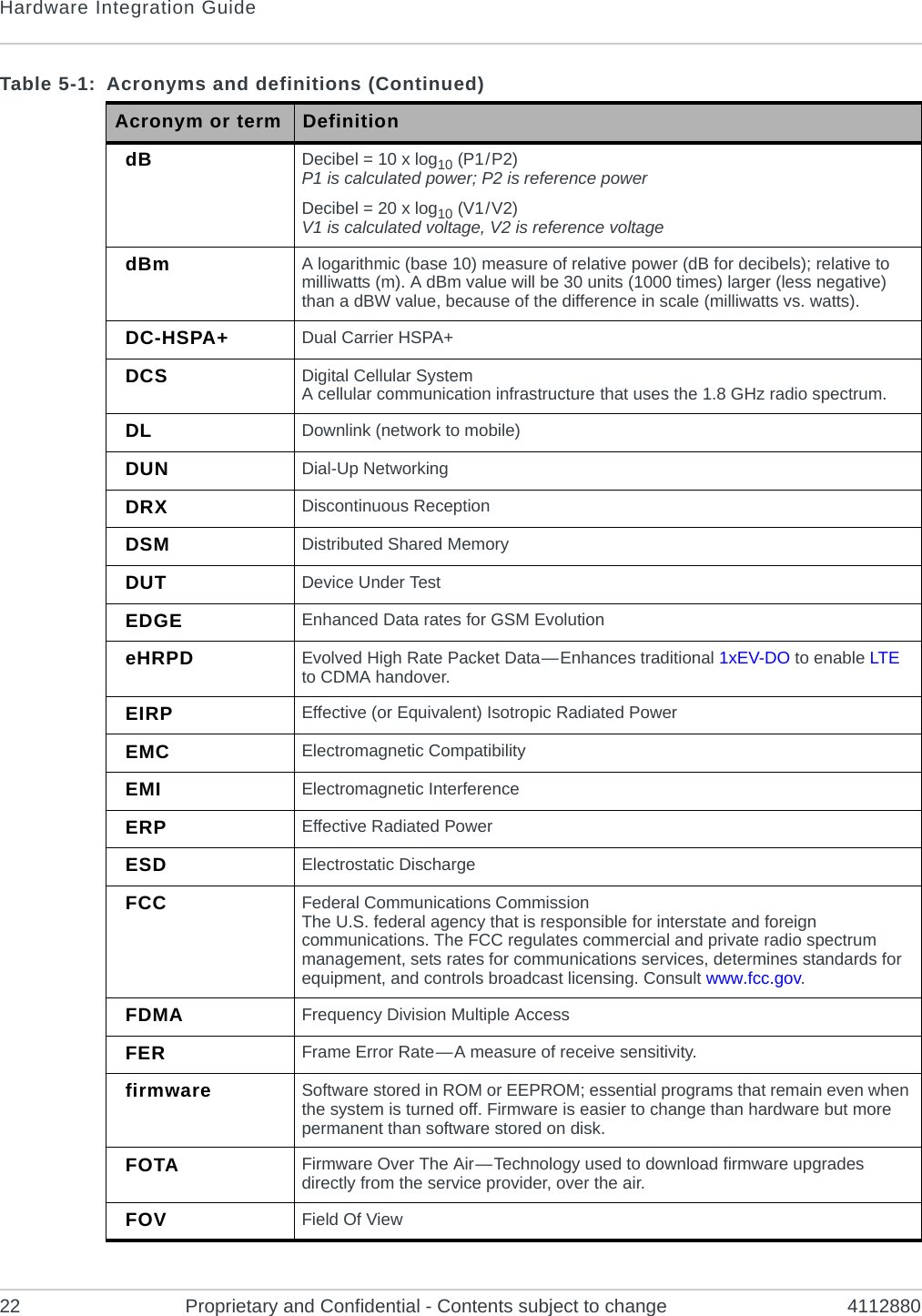 Hardware Integration Guide22 Proprietary and Confidential - Contents subject to change 4112880dB Decibel = 10 x log10 (P1 / P2)P1 is calculated power; P2 is reference powerDecibel = 20 x log10 (V1 / V2)V1 is calculated voltage, V2 is reference voltagedBm A logarithmic (base 10) measure of relative power (dB for decibels); relative to milliwatts (m). A dBm value will be 30 units (1000 times) larger (less negative) than a dBW value, because of the difference in scale (milliwatts vs. watts).DC-HSPA+ Dual Carrier HSPA+DCS Digital Cellular SystemA cellular communication infrastructure that uses the 1.8 GHz radio spectrum.DL Downlink (network to mobile)DUN Dial-Up NetworkingDRX Discontinuous ReceptionDSM Distributed Shared MemoryDUT Device Under TestEDGE Enhanced Data rates for GSM EvolutioneHRPD Evolved High Rate Packet Data — Enhances traditional 1xEV-DO to enable LTE to CDMA handover.EIRP Effective (or Equivalent) Isotropic Radiated PowerEMC Electromagnetic CompatibilityEMI Electromagnetic InterferenceERP Effective Radiated PowerESD Electrostatic DischargeFCC Federal Communications CommissionThe U.S. federal agency that is responsible for interstate and foreign communications. The FCC regulates commercial and private radio spectrum management, sets rates for communications services, determines standards for equipment, and controls broadcast licensing. Consult www.fcc.gov.FDMA Frequency Division Multiple AccessFER Frame Error Rate — A measure of receive sensitivity.firmware Software stored in ROM or EEPROM; essential programs that remain even when the system is turned off. Firmware is easier to change than hardware but more permanent than software stored on disk.FOTA Firmware Over The Air — Technology used to download firmware upgrades directly from the service provider, over the air.FOV Field Of ViewTable 5-1:  Acronyms and definitions (Continued)Acronym or term Definition