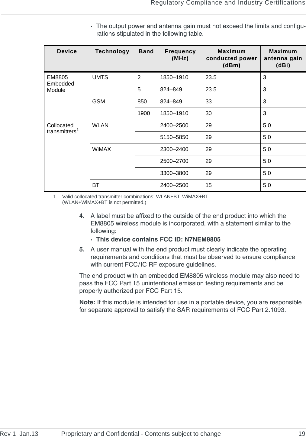 Regulatory Compliance and Industry CertificationsRev 1  Jan.13 Proprietary and Confidential - Contents subject to change 19·The output power and antenna gain must not exceed the limits and configu-rations stipulated in the following table.4. A label must be affixed to the outside of the end product into which the EM8805 wireless module is incorporated, with a statement similar to the following:· This device contains FCC ID: N7NEM88055. A user manual with the end product must clearly indicate the operating requirements and conditions that must be observed to ensure compliance with current FCC / IC RF exposure guidelines.The end product with an embedded EM8805 wireless module may also need to pass the FCC Part 15 unintentional emission testing requirements and be properly authorized per FCC Part 15.Note: If this module is intended for use in a portable device, you are responsible for separate approval to satisfy the SAR requirements of FCC Part 2.1093.Device Technology Band Frequency(MHz) Maximum conducted power(dBm)Maximum antenna gain(dBi)EM8805 Embedded ModuleUMTS 21850–1910 23.5 35824–849 23.5 3GSM 850 824–849 33 31900 1850–1910 30 3Collocated transmitters1WLAN 2400–2500 29 5.05150–5850 29 5.0WiMAX 2300–2400 29 5.02500–2700 29 5.03300–3800 29 5.0BT 2400–2500 15 5.01. Valid collocated transmitter combinations: WLAN+BT; WiMAX+BT.(WLAN+WiMAX+BT is not permitted.)