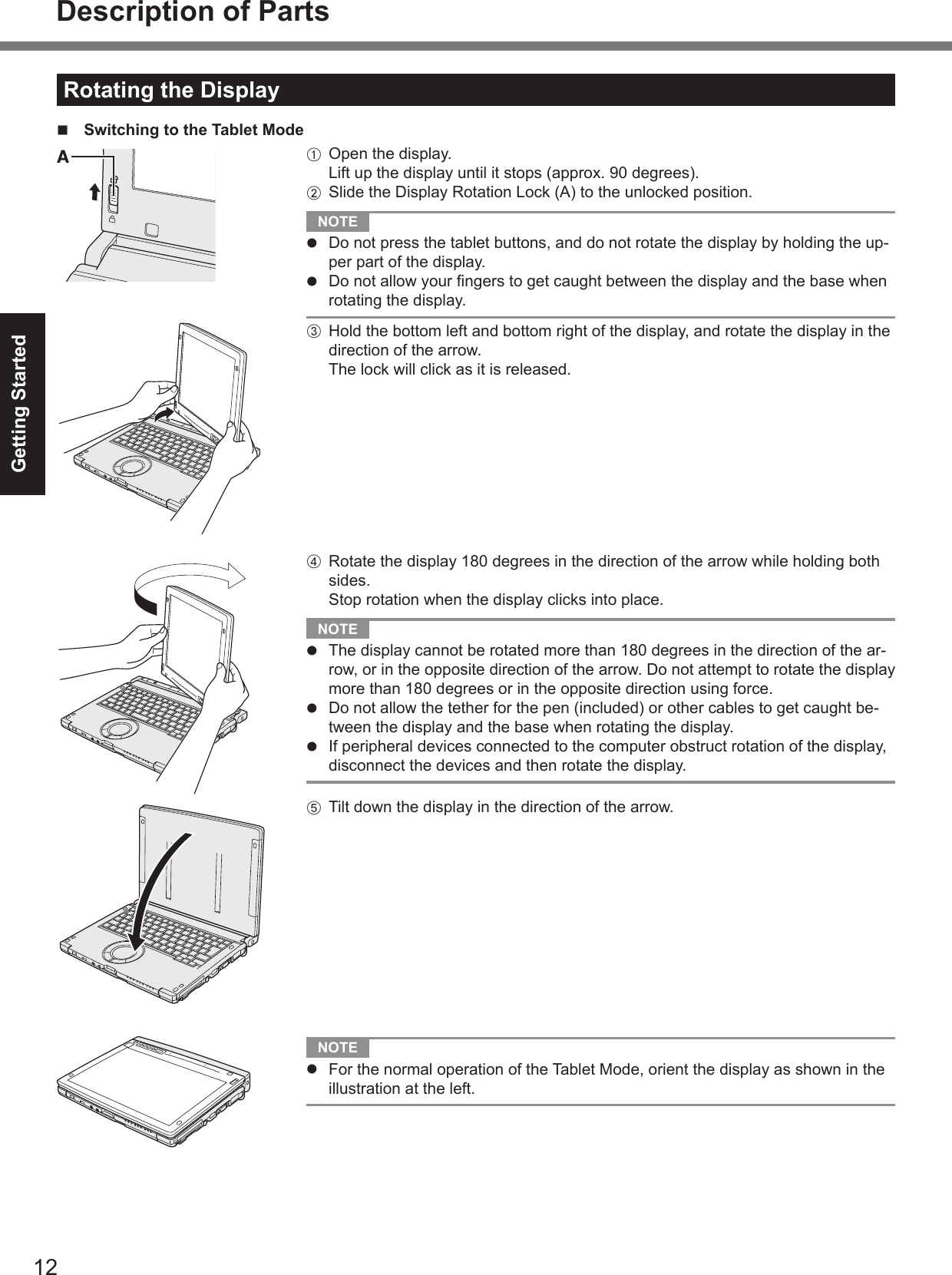 Getting StartedRotating the Displayn  Switching to the Tablet ModeDescription of PartsA B   NOTE l l C D   NOTE l l l E   NOTE l A