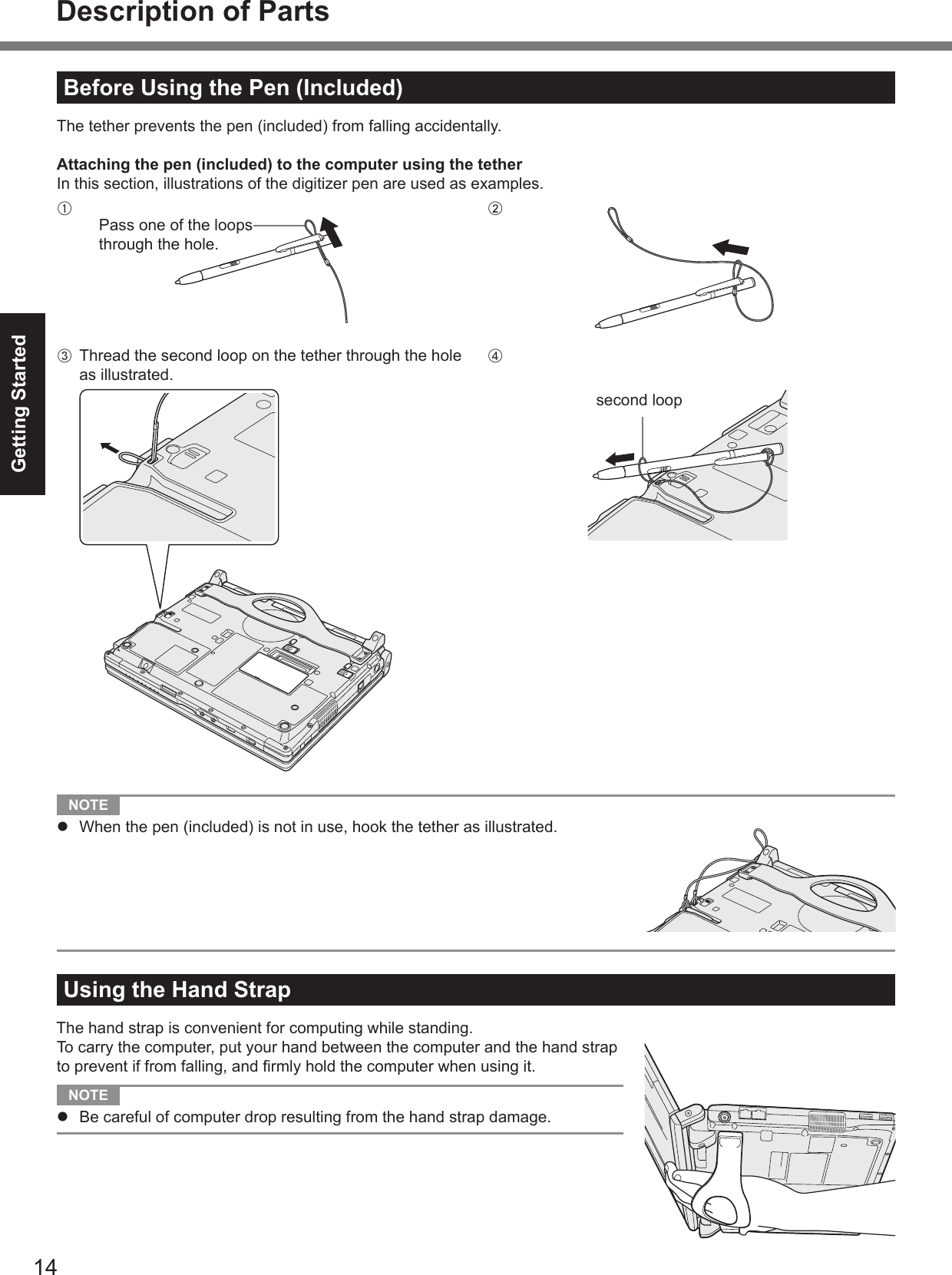 Getting StartedBefore Using the Pen (Included)Attaching the pen (included) to the computer using the tetherA BC DUsing the Hand Strap  NOTE l Description of Parts  NOTE l 