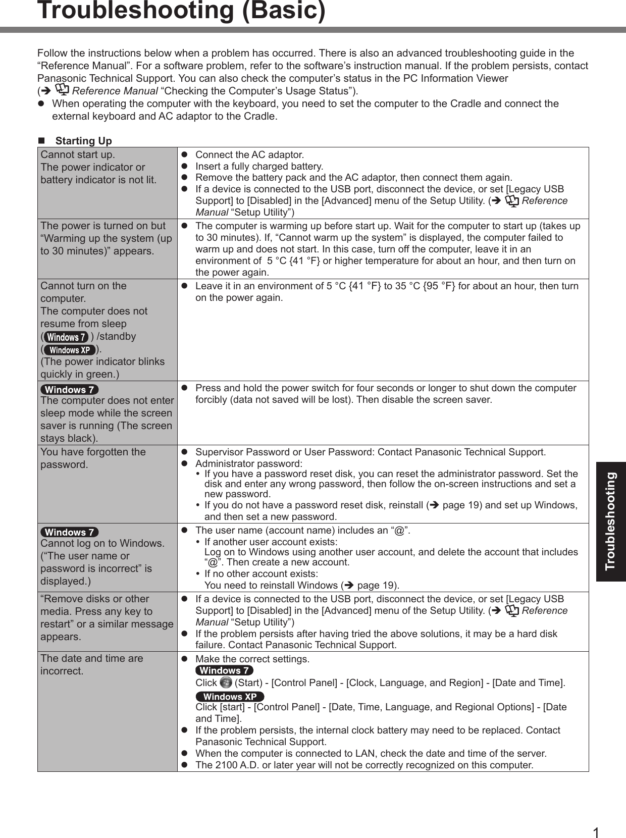 1TroubleshootingTroubleshooting (Basic)Follow the instructions below when a problem has occurred. There is also an advanced troubleshooting guide in the “Reference Manual”. For a software problem, refer to the software’s instruction manual. If the problem persists, contact Panasonic Technical Support. You can also check the computer’s status in the PC Information Viewer  (è  Reference Manual “Checking the Computer’s Usage Status”).l When operating the computer with the keyboard, you need to set the computer to the Cradle and connect the external keyboard and AC adaptor to the Cradle.n  Starting UpCannot start up.The power indicator or battery indicator is not lit.l  Connect the AC adaptor.l  Insert a fully charged battery.l  Remove the battery pack and the AC adaptor, then connect them again. l  If a device is connected to the USB port, disconnect the device, or set [Legacy USB Support] to [Disabled] in the [Advanced] menu of the Setup Utility. (è  Reference Manual “Setup Utility”)The power is turned on but “Warming up the system (up to 30 minutes)” appears.l  The computer is warming up before start up. Wait for the computer to start up (takes up to 30 minutes). If, “Cannot warm up the system” is displayed, the computer failed to warm up and does not start. In this case, turn off the computer, leave it in an environment of  5 °C {41 °F} or higher temperature for about an hour, and then turn on the power again.Cannot turn on the computer.The computer does not resume from sleep  ( ) /standby ( ).(The power indicator blinks quickly in green.)l  Leave it in an environment of 5 °C {41 °F} to 35 °C {95 °F} for about an hour, then turn on the power again.The computer does not enter sleep mode while the screen saver is running (The screen stays black).l  Press and hold the power switch for four seconds or longer to shut down the computer forcibly (data not saved will be lost). Then disable the screen saver.You have forgotten the password.l  Supervisor Password or User Password: Contact Panasonic Technical Support.l  Administrator password:   If you have a password reset disk, you can reset the administrator password. Set the disk and enter any wrong password, then follow the on-screen instructions and set a new password.  If you do not have a password reset disk, reinstall (è page 19) and set up Windows, and then set a new password.Cannot log on to Windows. (“The user name or password is incorrect” is displayed.)l  The user name (account name) includes an “@”.  If another user account exists: Log on to Windows using another user account, and delete the account that includes “@”. Then create a new account.  If no other account exists: You need to reinstall Windows (è page 19).“Remove disks or other media. Press any key to restart” or a similar message appears.l  If a device is connected to the USB port, disconnect the device, or set [Legacy USB Support] to [Disabled] in the [Advanced] menu of the Setup Utility. (è  Reference Manual “Setup Utility”)l  If the problem persists after having tried the above solutions, it may be a hard disk failure. Contact Panasonic Technical Support.The date and time are incorrect.l  Make the correct settings.   Click  (Start) - [Control Panel] - [Clock, Language, and Region] - [Date and Time].   Click [start] - [Control Panel] - [Date, Time, Language, and Regional Options] - [Date and Time].l  If the problem persists, the internal clock battery may need to be replaced. Contact Panasonic Technical Support.l  When the computer is connected to LAN, check the date and time of the server.l  The 2100 A.D. or later year will not be correctly recognized on this computer.