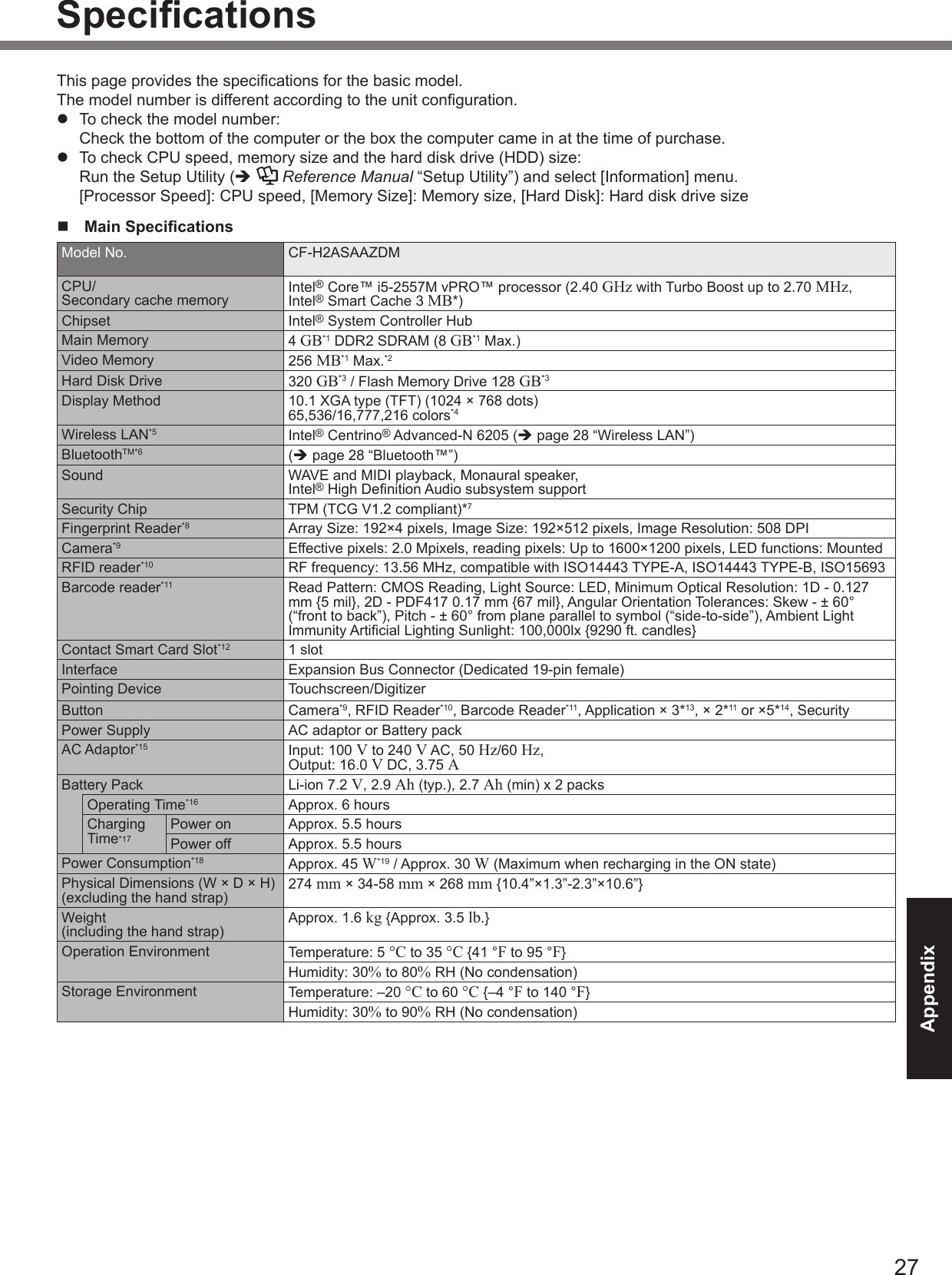 27AppendixSpecicationsThis page provides the specications for the basic model.  The model number is different according to the unit conguration.l  To check the model number: Check the bottom of the computer or the box the computer came in at the time of purchase.l  To check CPU speed, memory size and the hard disk drive (HDD) size: Run the Setup Utility (è   Reference Manual “Setup Utility”) and select [Information] menu. [Processor Speed]: CPU speed, [Memory Size]: Memory size, [Hard Disk]: Hard disk drive sizen  Main SpecicationsModel No. CF-H2ASAAZDM  CPU/ Secondary cache memory Intel® Core™ i5-2557M vPRO™ processor (2.40 GHz with Turbo Boost up to 2.70 MHz, Intel® Smart Cache 3 MB*)Chipset Intel® System Controller HubMain Memory 4 GB*1 DDR2 SDRAM (8 GB*1 Max.)Video Memory 256 MB*1 Max.*2Hard Disk Drive 320 GB*3 / Flash Memory Drive 128 GB*3Display Method 10.1 XGA type (TFT) (1024 × 768 dots)65,536/16,777,216 colors*4Wireless LAN*5 Intel® Centrino® Advanced-N 6205 (è page 28 “Wireless LAN”) BluetoothTM*6 (è page 28 “Bluetooth™”)Sound WAVE and MIDI playback, Monaural speaker, Intel® High Denition Audio subsystem support Security Chip TPM (TCG V1.2 compliant)*7Fingerprint Reader*8 Array Size: 192×4 pixels, Image Size: 192×512 pixels, Image Resolution: 508 DPICamera*9 Effective pixels: 2.0 Mpixels, reading pixels: Up to 1600×1200 pixels, LED functions: MountedRFID reader*10 RF frequency: 13.56 MHz, compatible with ISO14443 TYPE-A, ISO14443 TYPE-B, ISO15693Barcode reader*11 Read Pattern: CMOS Reading, Light Source: LED, Minimum Optical Resolution: 1D - 0.127 mm {5 mil}, 2D - PDF417 0.17 mm {67 mil}, Angular Orientation Tolerances: Skew - ± 60° (“front to back”), Pitch - ± 60° from plane parallel to symbol (“side-to-side”), Ambient Light Immunity Articial Lighting Sunlight: 100,000lx {9290 ft. candles}Contact Smart Card Slot*12 1 slotInterface Expansion Bus Connector (Dedicated 19-pin female)Pointing Device Touchscreen/DigitizerButton Camera*9, RFID Reader*10, Barcode Reader*11, Application × 3*13, × 2*11 or ×5*14, SecurityPower Supply AC adaptor or Battery packAC Adaptor*15 Input: 100 V to 240 V AC, 50 Hz/60 Hz, Output: 16.0 V DC, 3.75 ABattery Pack Li-ion 7.2 V, 2.9 Ah (typ.), 2.7 Ah (min) x 2 packsOperating Time*16 Approx. 6 hoursCharging Time*17Power on Approx. 5.5 hoursPower off Approx. 5.5 hoursPower Consumption*18 Approx. 45 W*19 / Approx. 30 W (Maximum when recharging in the ON state)Physical Dimensions (W × D × H) (excluding the hand strap) 274 mm × 34-58 mm × 268 mm {10.4”×1.3”-2.3”×10.6”}Weight (including the hand strap) Approx. 1.6 kg {Approx. 3.5 lb.}Operation Environment Temperature: 5 °C to 35 °C {41 °F to 95 °F}Humidity: 30% to 80% RH (No condensation)Storage Environment Temperature: –20 °C to 60 °C {–4 °F to 140 °F}Humidity: 30% to 90% RH (No condensation)