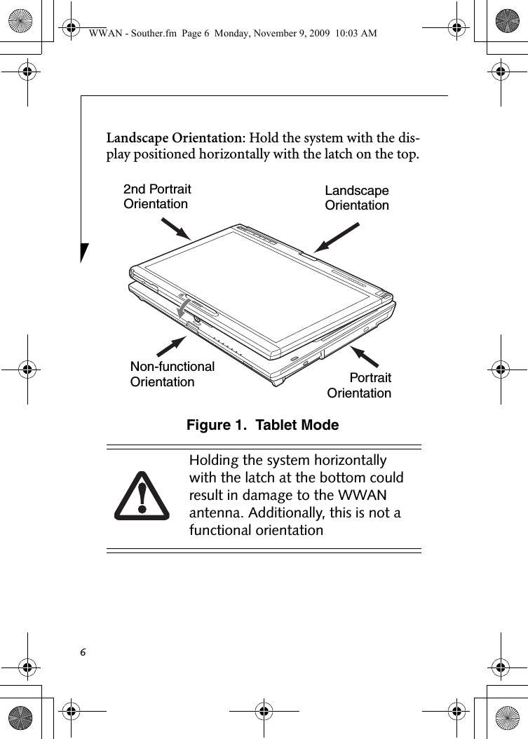 6Landscape Orientation: Hold the system with the dis-play positioned horizontally with the latch on the top.Figure 1.  Tablet ModeHolding the system horizontally with the latch at the bottom could result in damage to the WWAN antenna. Additionally, this is not a functional orientationLandscapeOrientation2nd PortraitOrientationPortraitOrientationNon-functionalOrientationWWAN - Souther.fm  Page 6  Monday, November 9, 2009  10:03 AM