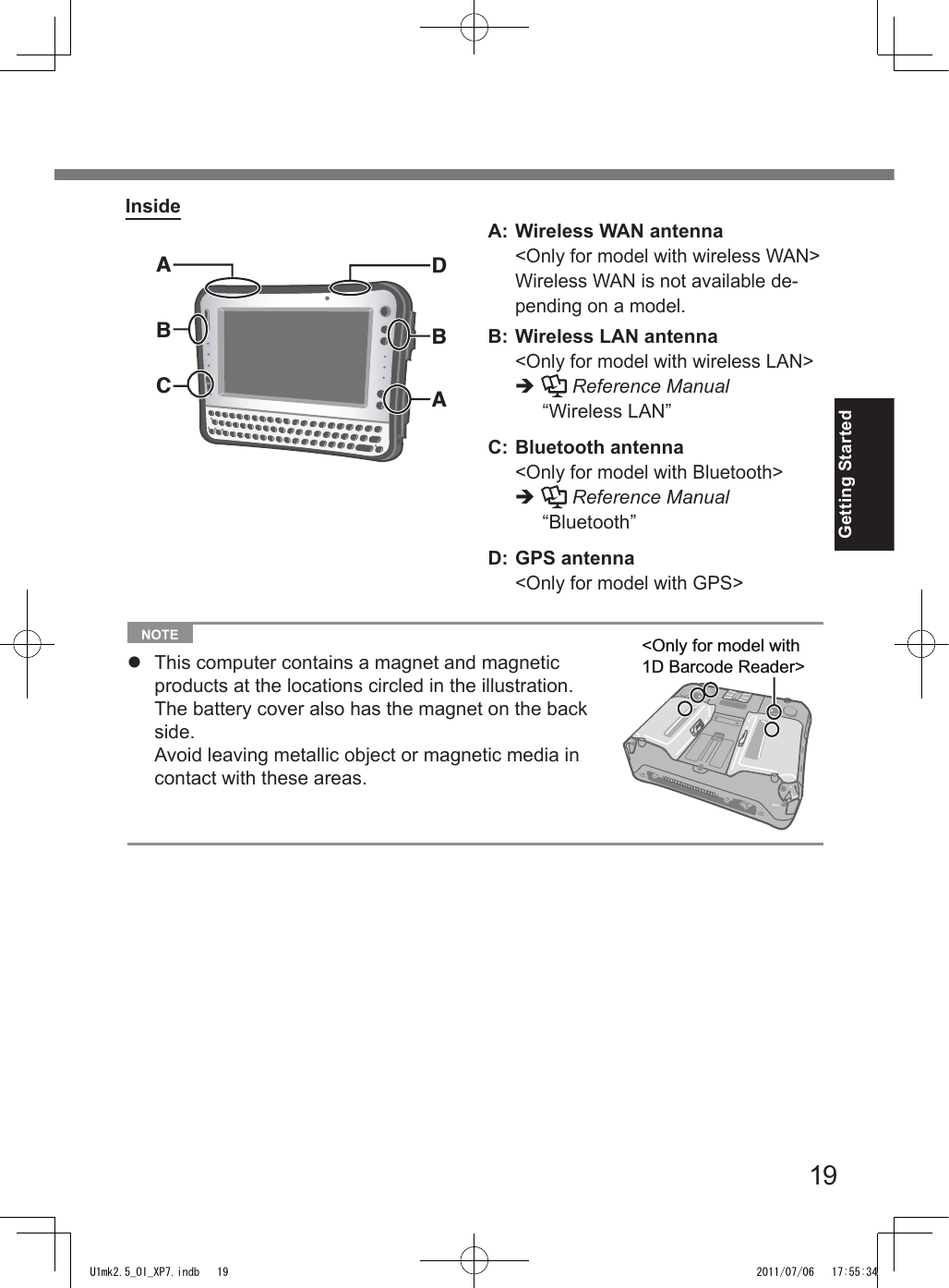 19Getting Started  NOTE l  This computer contains a magnet and magnetic products at the locations circled in the illustration. The battery cover also has the magnet on the back side. Avoid leaving metallic object or magnetic media in contact with these areas.&lt;Only for model with 1D Barcode Reader&gt;InsideDBAABCA: Wireless WAN antenna&lt;Only for model with wireless WAN&gt;Wireless WAN is not available de-pending on a model.B: Wireless LAN antenna&lt;Only for model with wireless LAN&gt;è   Reference Manual “Wireless LAN”C: Bluetooth antenna&lt;Only for model with Bluetooth&gt;è   Reference Manual “Bluetooth”D: GPS antenna&lt;Only for model with GPS&gt;U1mk2.5_OI_XP7.indb   19 2011/07/06   17:55:34