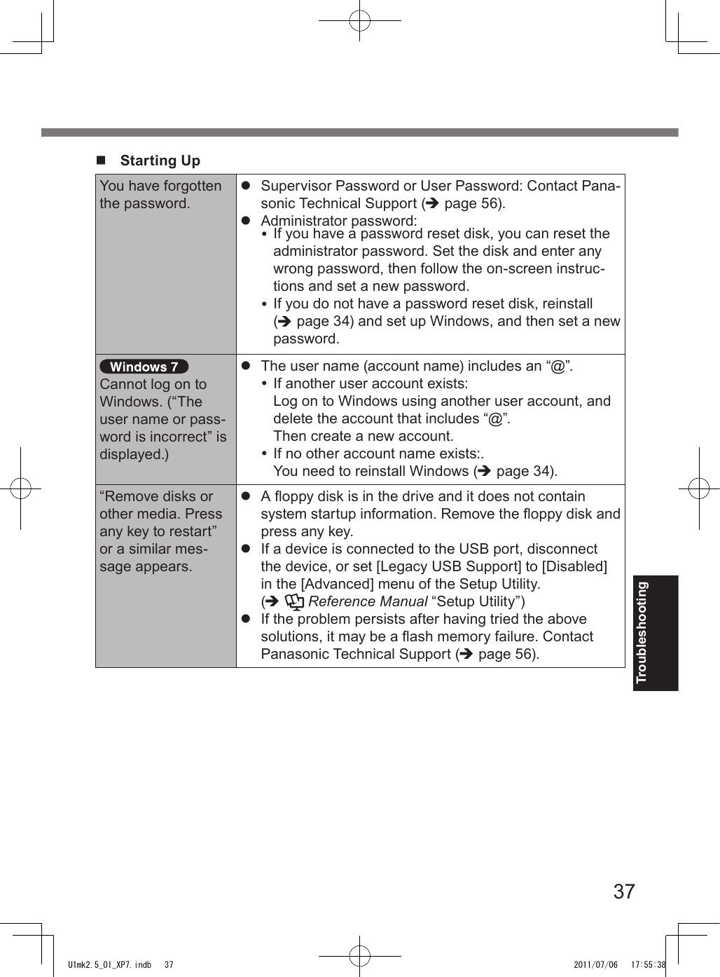 37Troubleshootingn  Starting UpYou have forgotten the password.l  Supervisor Password or User Password: Contact Pana-sonic Technical Support (è page 56).l  Administrator password:  If you have a password reset disk, you can reset the administrator password. Set the disk and enter any wrong password, then follow the on-screen instruc-tions and set a new password. If you do not have a password reset disk, reinstall (è page 34) and set up Windows, and then set a new password.Cannot log on to Windows. (“The user name or pass-word is incorrect” is displayed.)l  The user name (account name) includes an “@”. If another user account exists:Log on to Windows using another user account, and delete the account that includes “@”.  Then create a new account. If no other account name exists:.You need to reinstall Windows (è page 34).“Remove disks or other media. Press any key to restart” or a similar mes-sage appears.l  A oppy disk is in the drive and it does not contain system startup information. Remove the oppy disk and press any key.l  If a device is connected to the USB port, disconnect the device, or set [Legacy USB Support] to [Disabled] in the [Advanced] menu of the Setup Utility.  (è  Reference Manual “Setup Utility”)l  If the problem persists after having tried the above solutions, it may be a ash memory failure. Contact Panasonic Technical Support (è page 56).U1mk2.5_OI_XP7.indb   37 2011/07/06   17:55:38